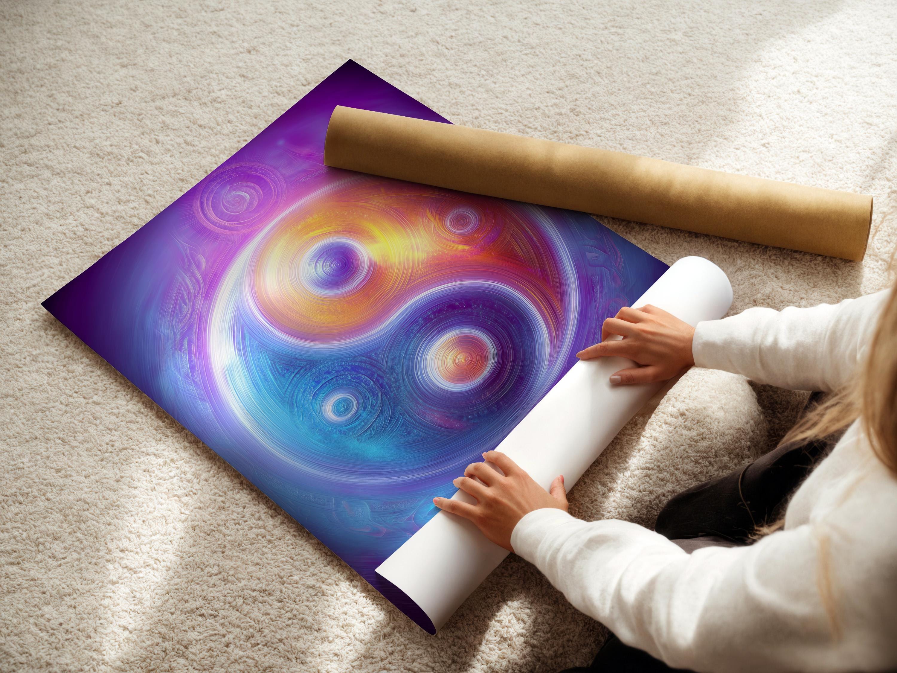 A cosmic purple artwork shows swirling concentric circles and two yin-yang style orbs with rainbow-like colour bands detail view