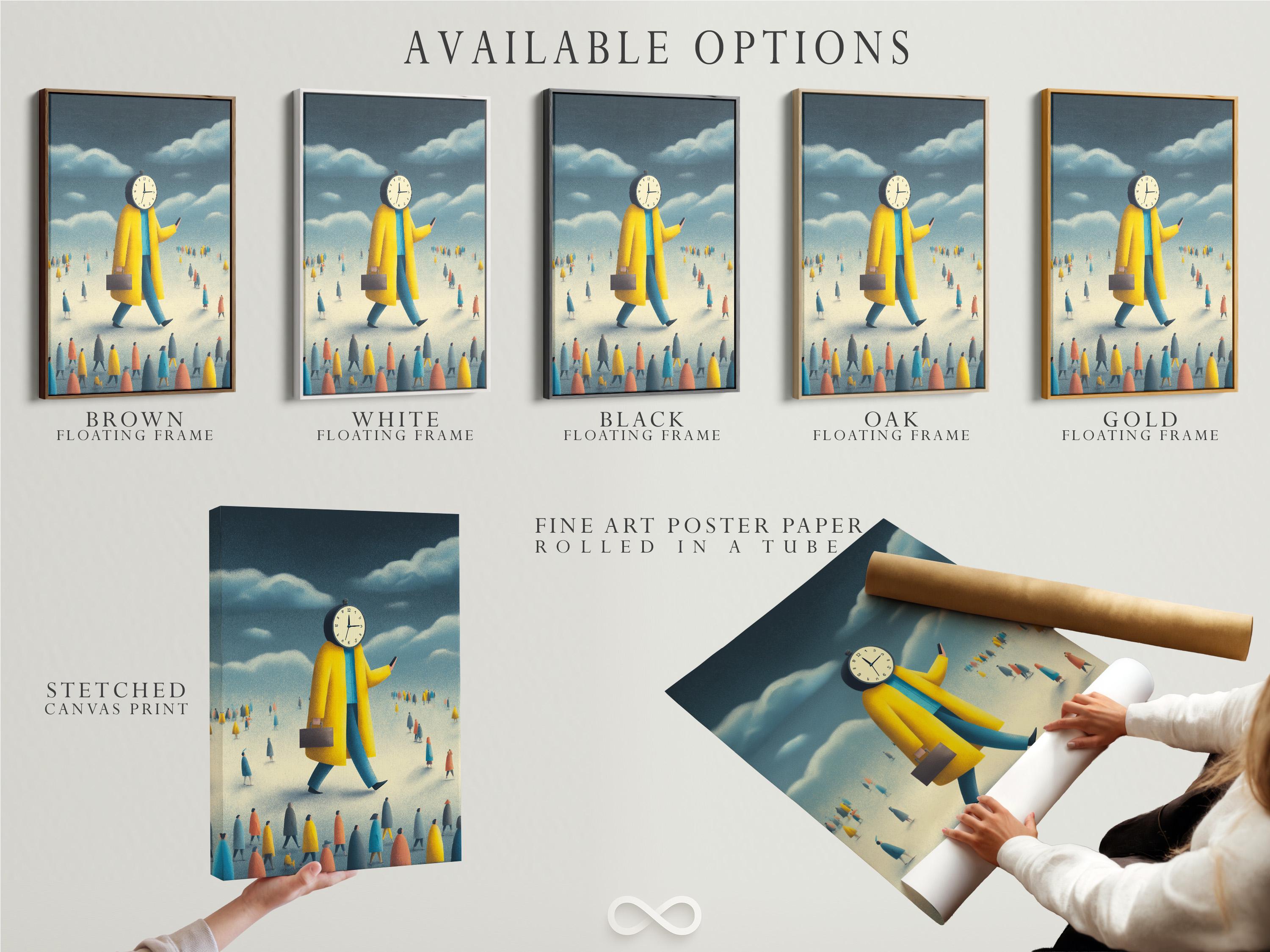 Mockup showing a framed clock-headed figure artwork in yellow and blue on a wall with supporting thumbnail views