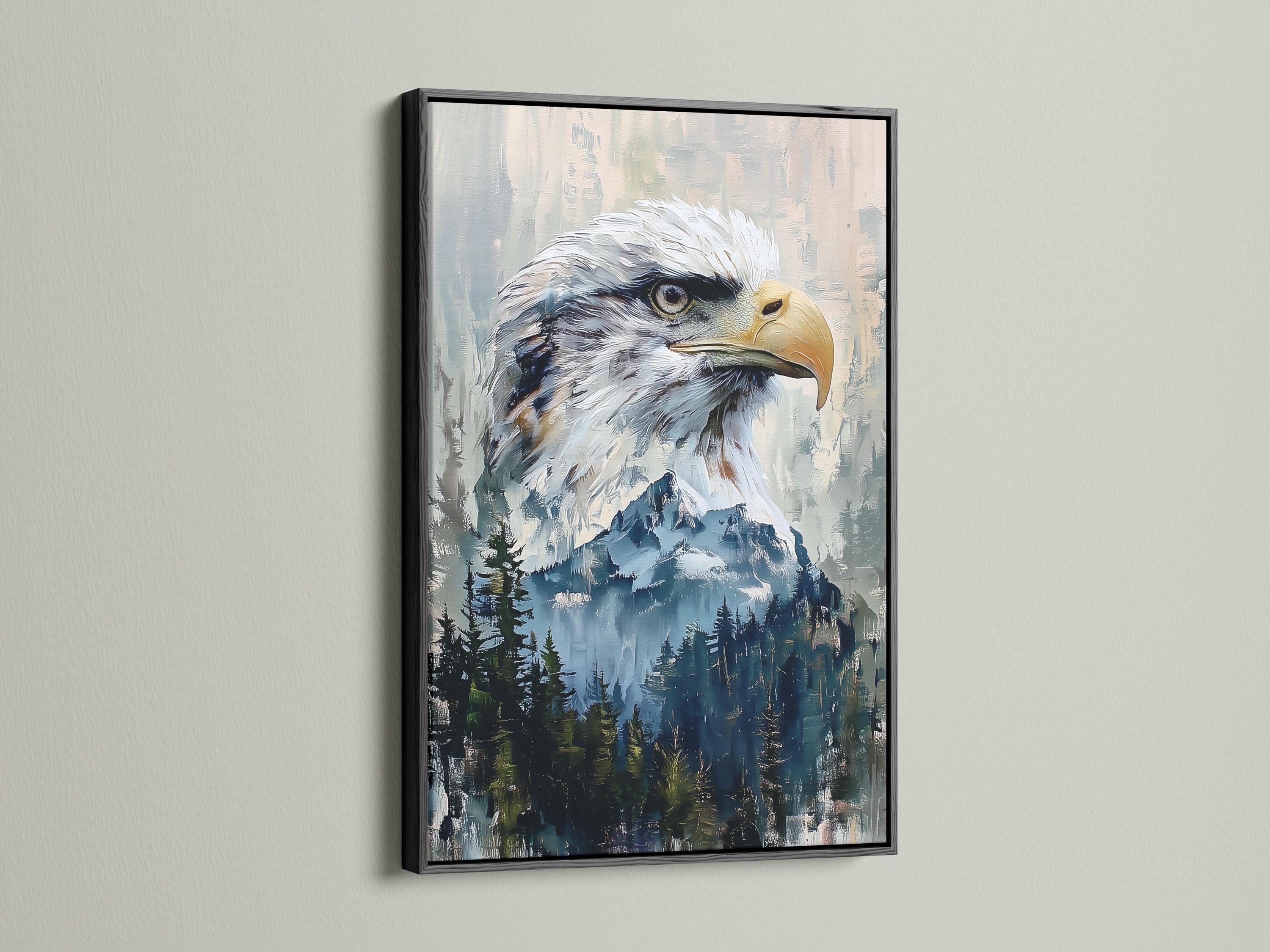A framed eagle artwork on a wall with several framed mockups beside it