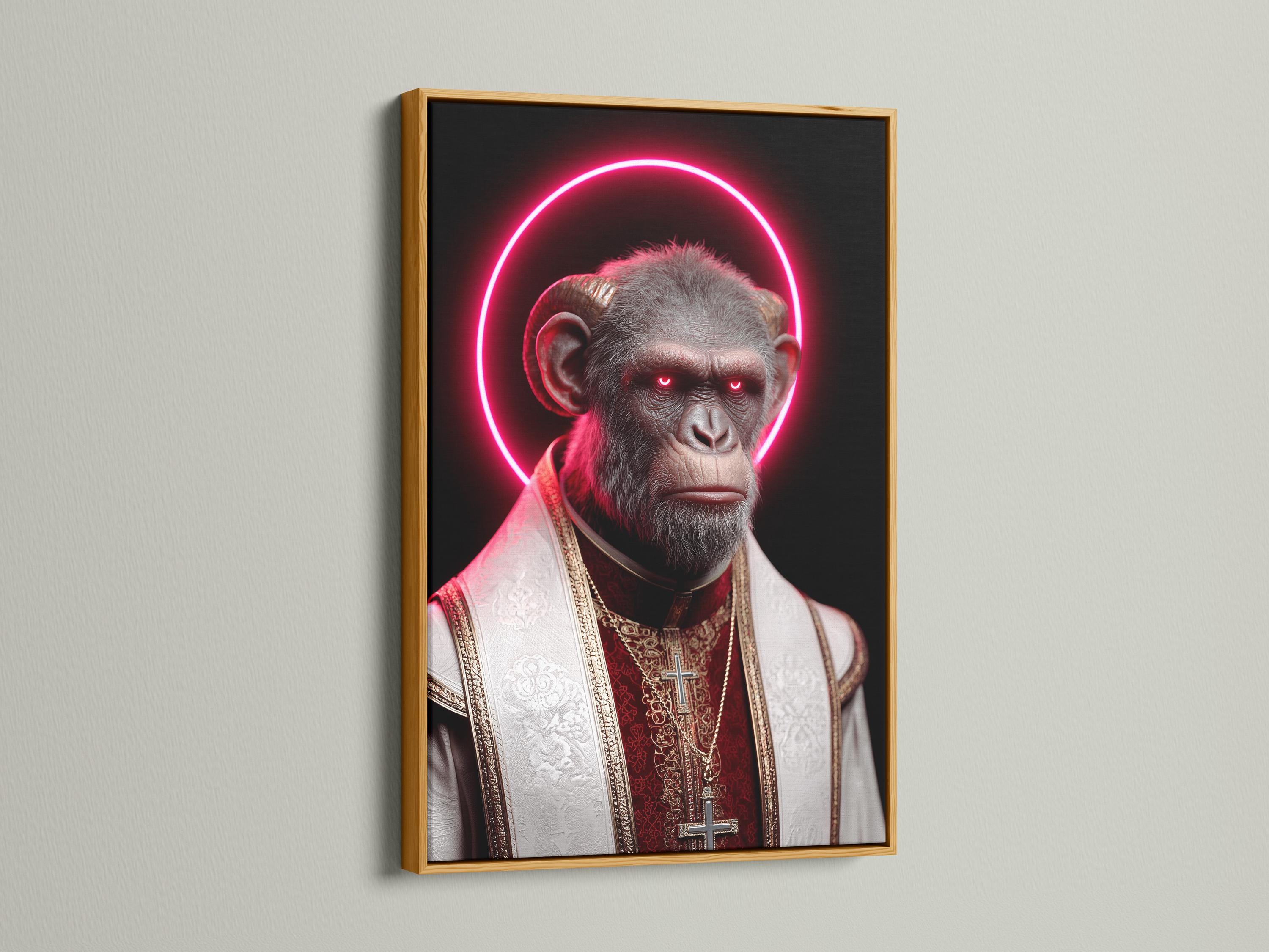Surreal monkey portrait with a bright pink neon halo and red-and-gold robes detail view