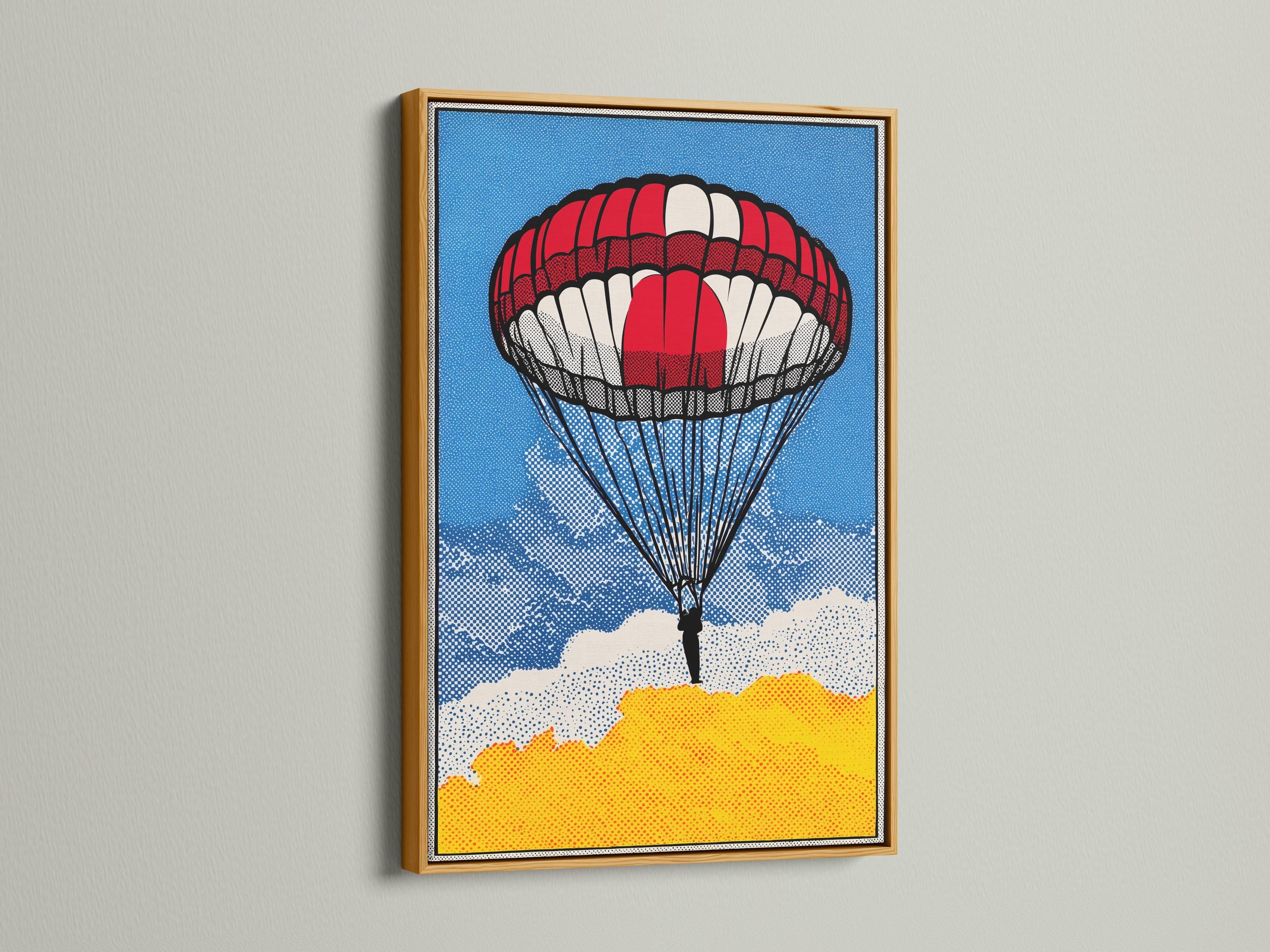 Red and white parachute pop art scene with blue dotted sky and clouds detail view