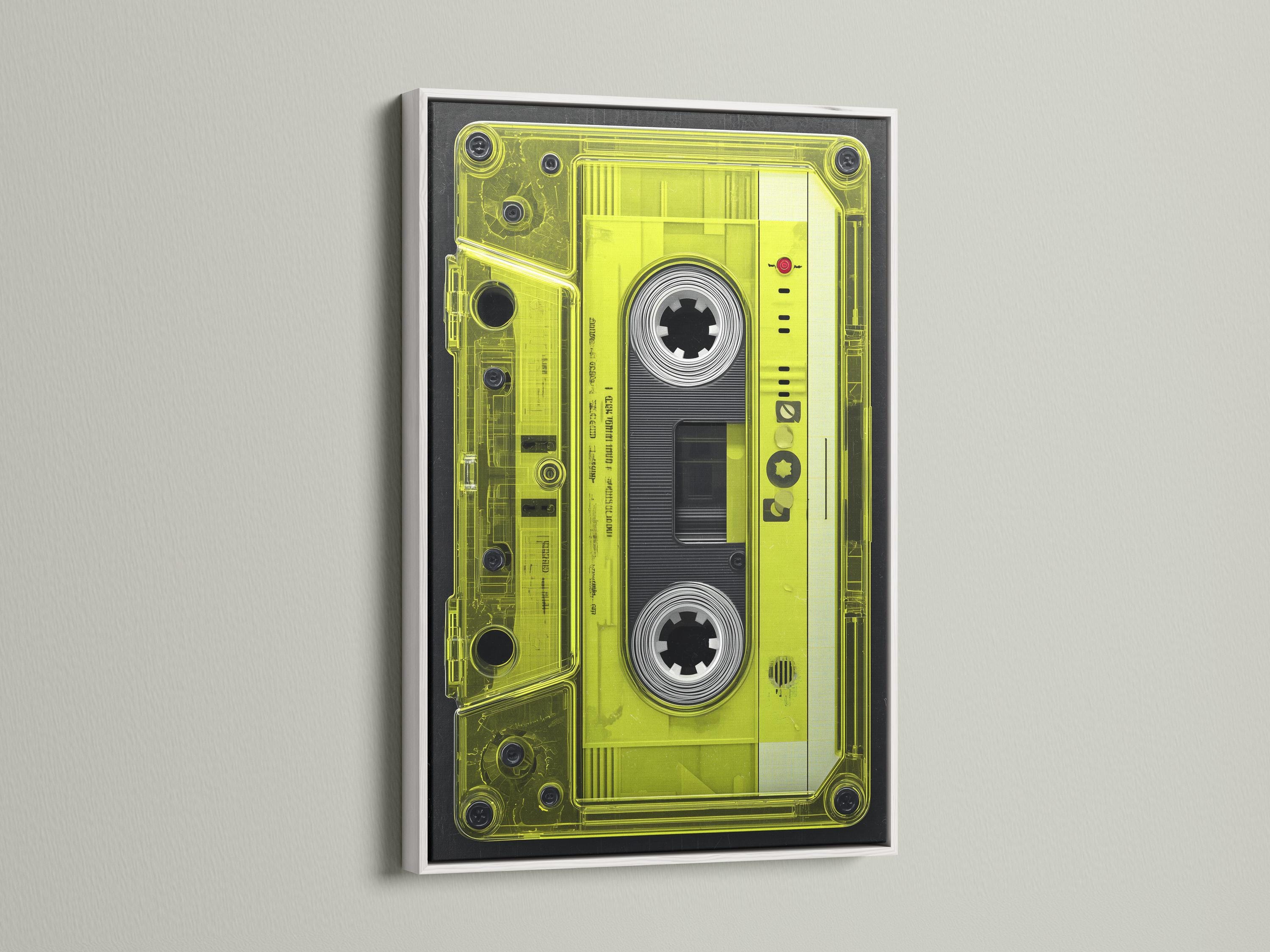 Neon lime cassette tape graphic framed in black with spool circles and a red dot detail detail view