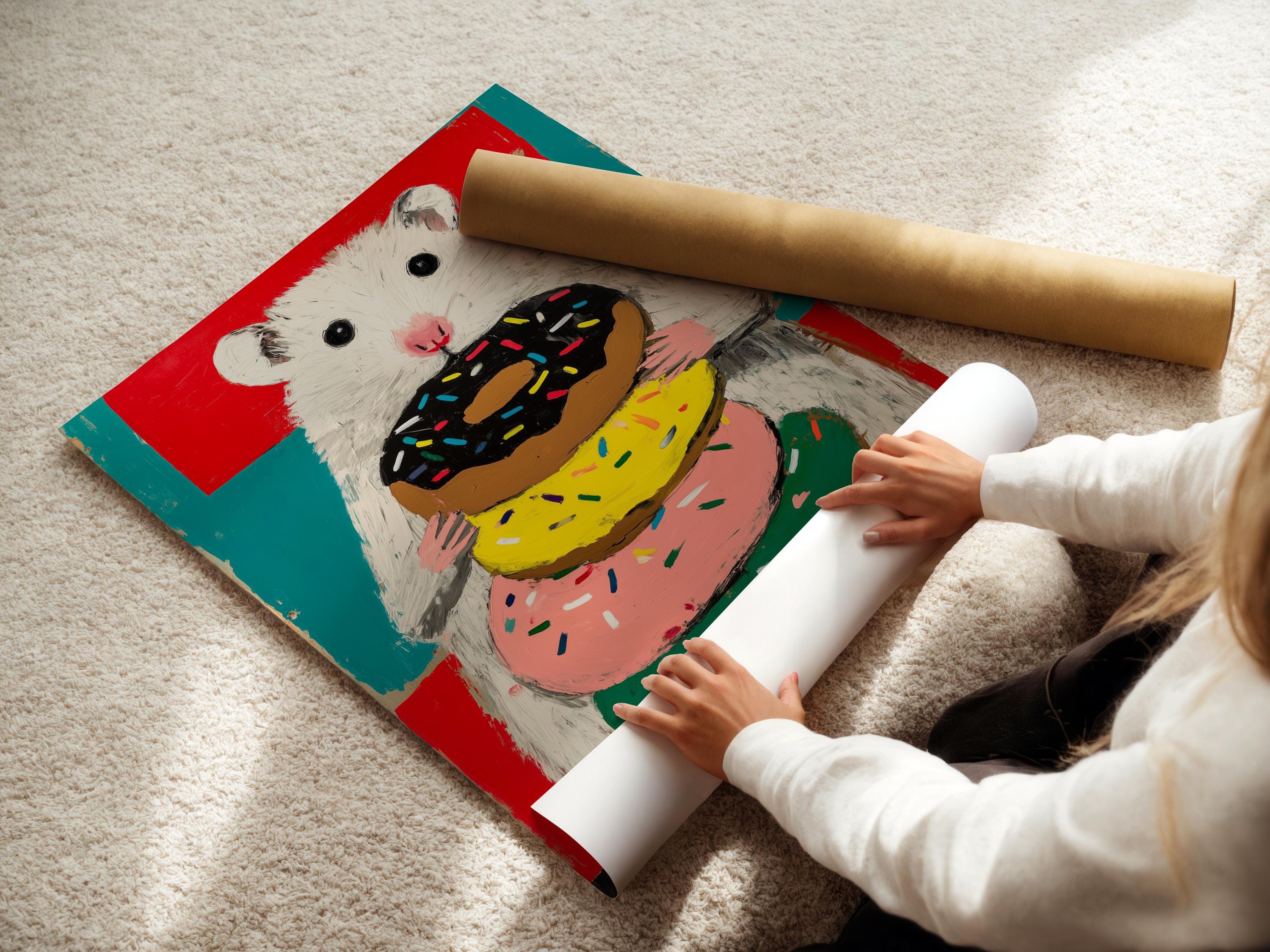 Playful hamster holding a doughnut stack with colourful sprinkles against a red and teal background detail view