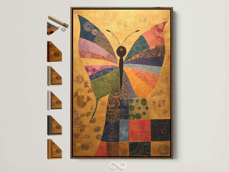 Geometric butterfly artwork with gold background and multicolour swirl-patterned wings