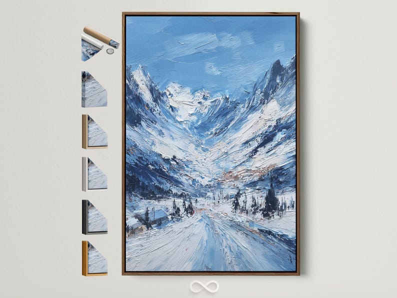 Sky-blue snowy mountain landscape with textured painterly peaks and bright snow in a valley