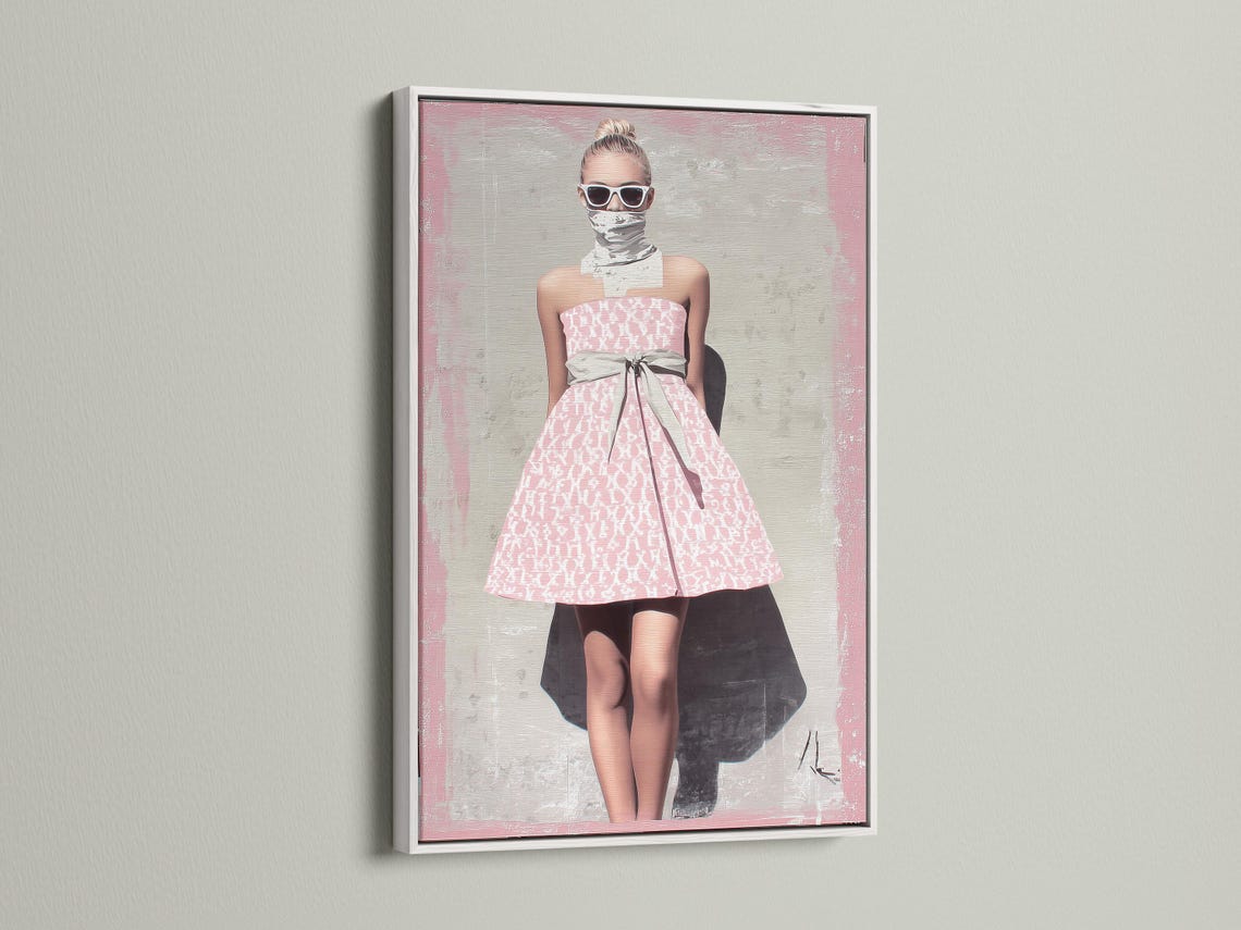 Room mockup showing a framed artwork with a stylised woman in a pink patterned dress
