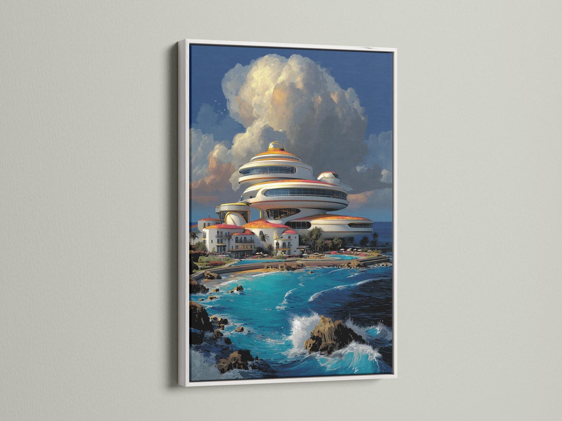 Futuristic cruise ship and coastal buildings above turquoise ocean waves with layered clouds detail view