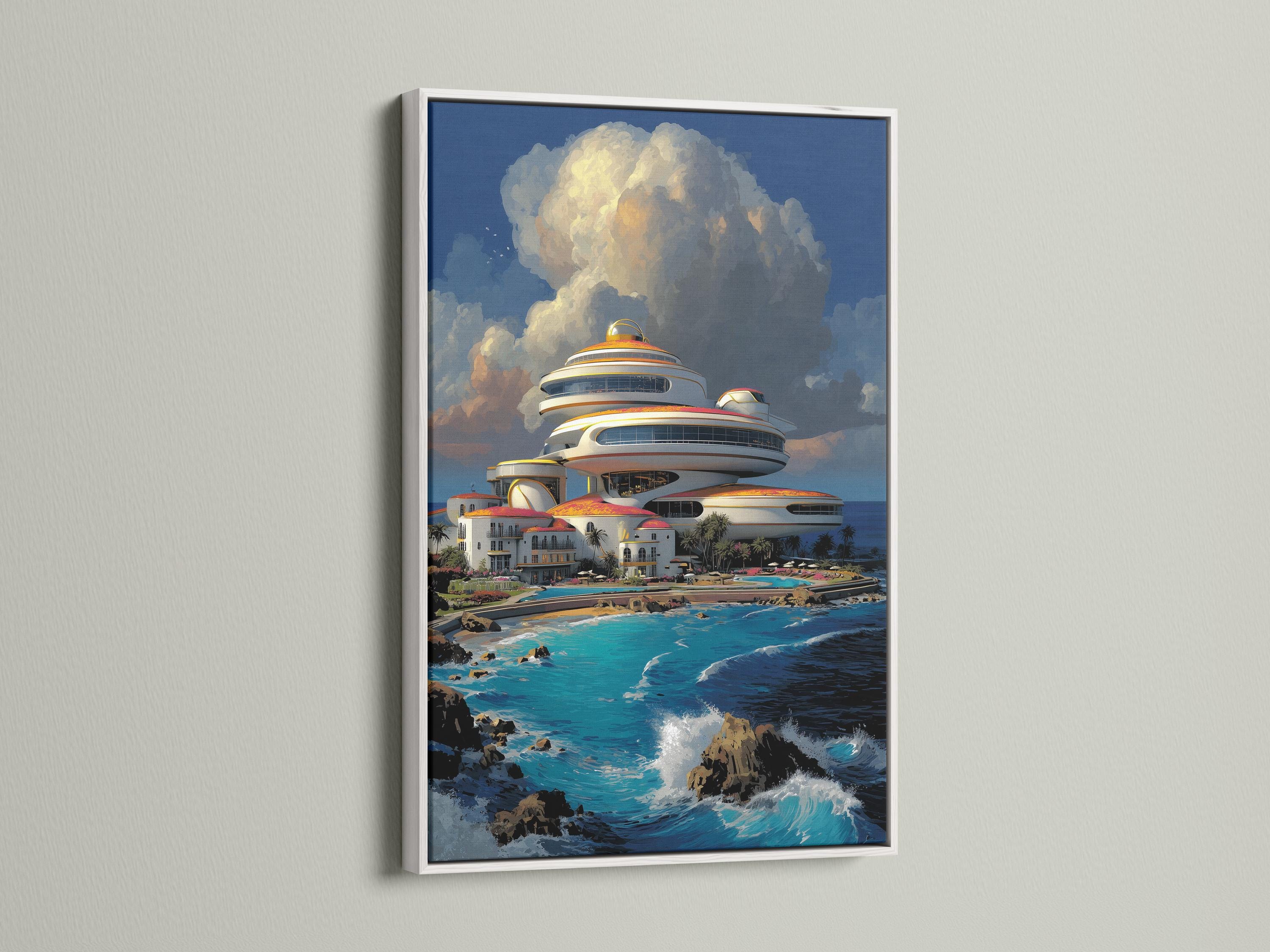 Futuristic cruise ship and coastal buildings above turquoise ocean waves with layered clouds detail view