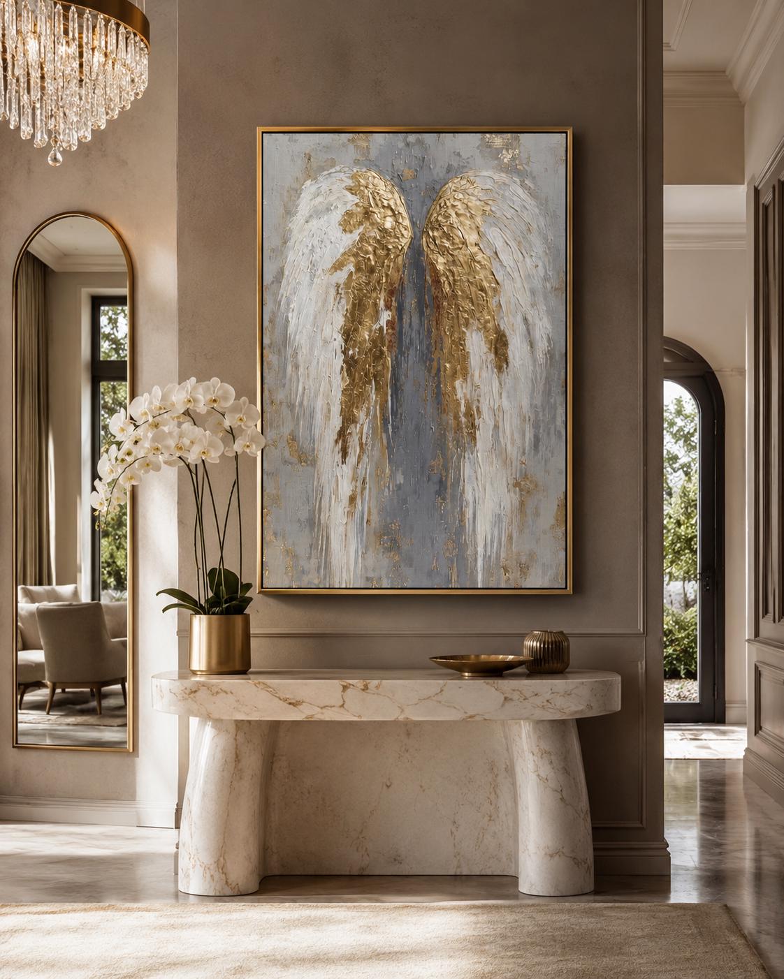 An angel-wing motif is shown symmetrically in layered white, grey and gold leaf-like tones, set against a textured neutral background detail view