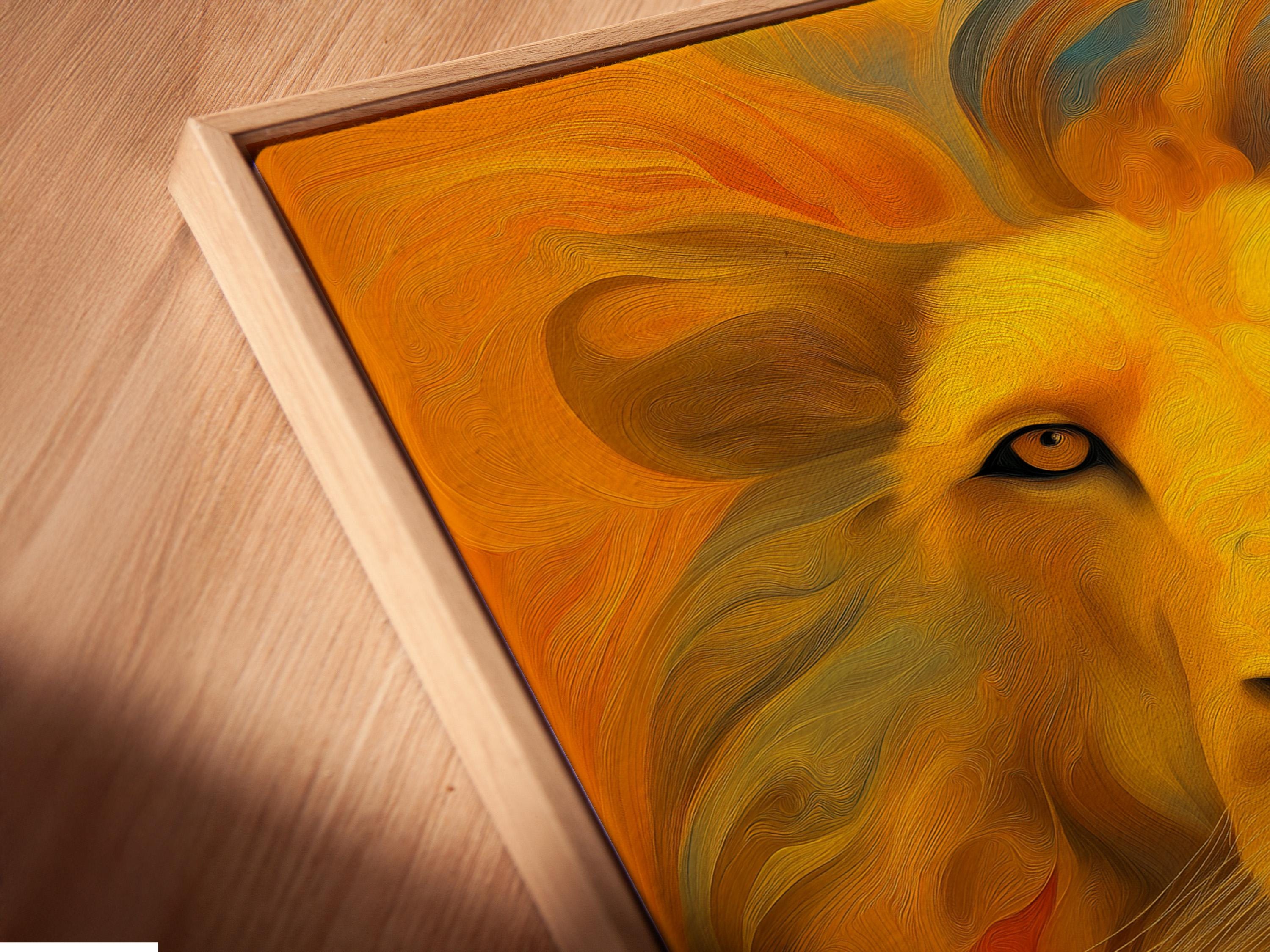 Stylised lion portrait with warm gold and orange swirls, teal tones, and dark eyes detail view