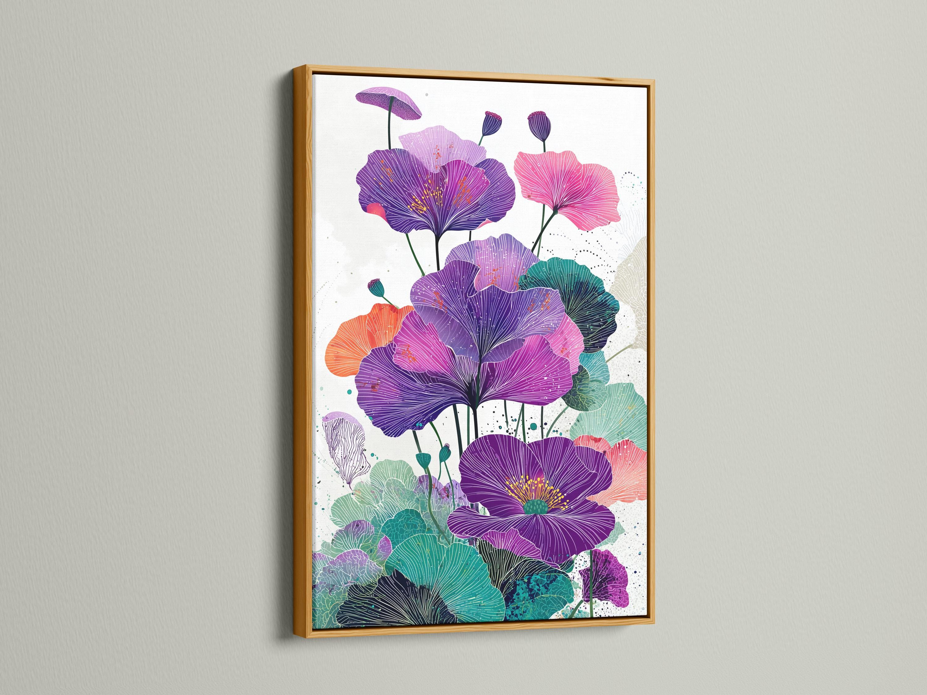 Botanical wall art showing purple flowers with teal leaves and pink accents in a framed layout