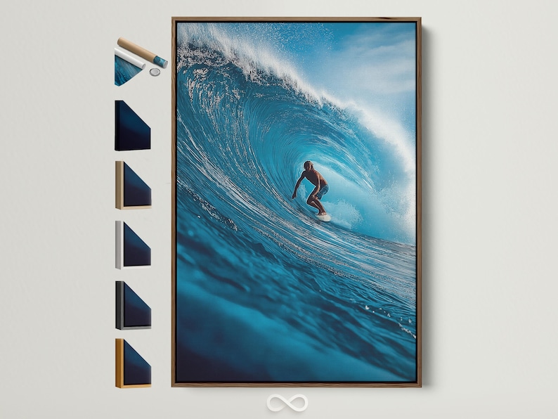 A blue ocean wave artwork shows a surfer riding through white foam, with bright sky-toned highlights and swirling water texture