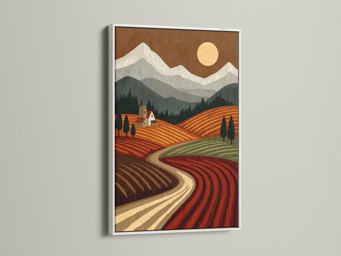 Stylised countryside landscape with terraced fields, farmhouse, trees, mountains and a warm sun detail view