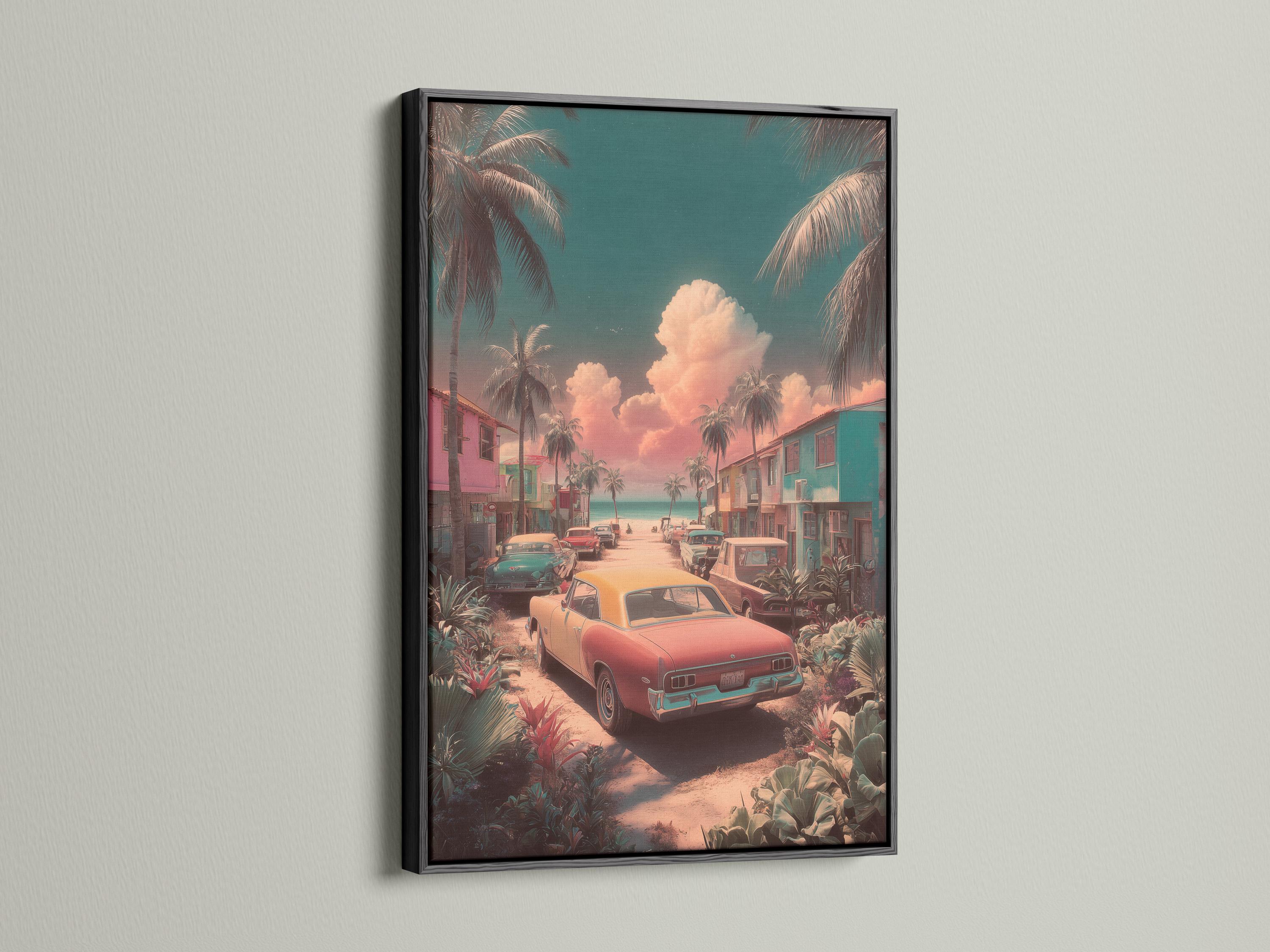 Retro coastal street illustration with classic cars, palm trees, and a teal pink sunset sky detail view