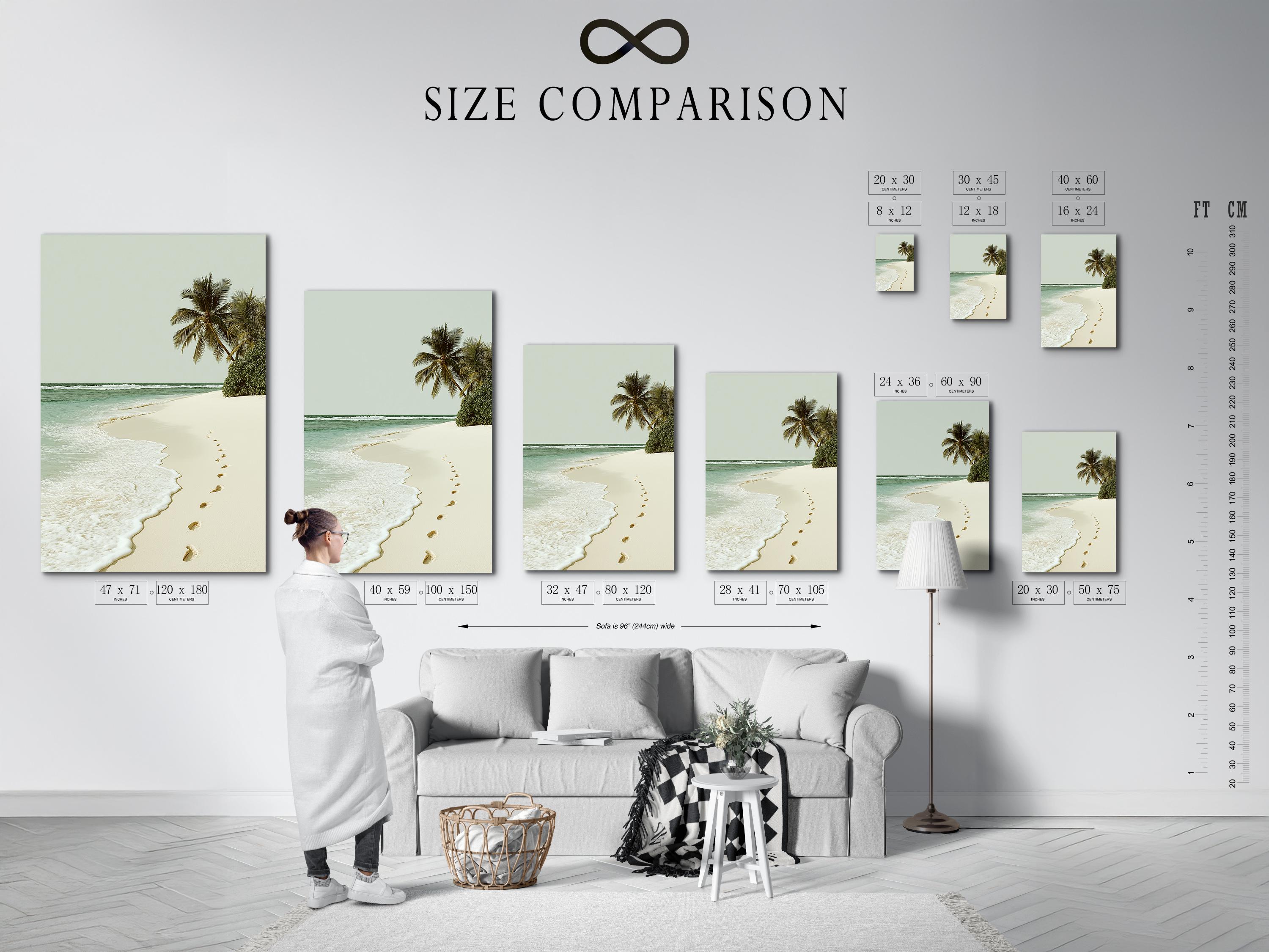 Palm beach seascape with turquoise ocean, sandy shore and footprints leading along the beach detail view