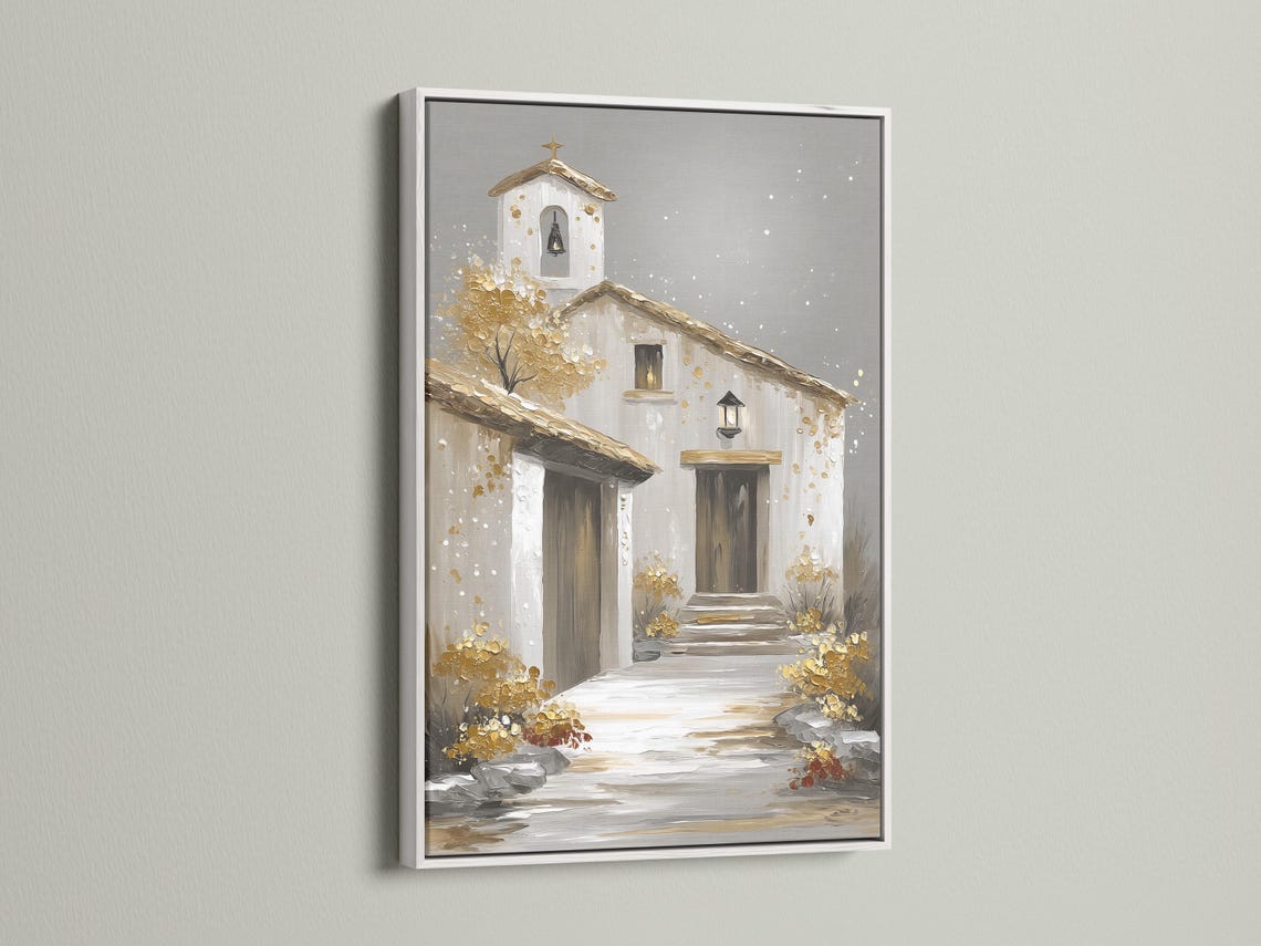 Stylised grey church exterior with a golden star ornament and shimmering gold and white flecks detail view