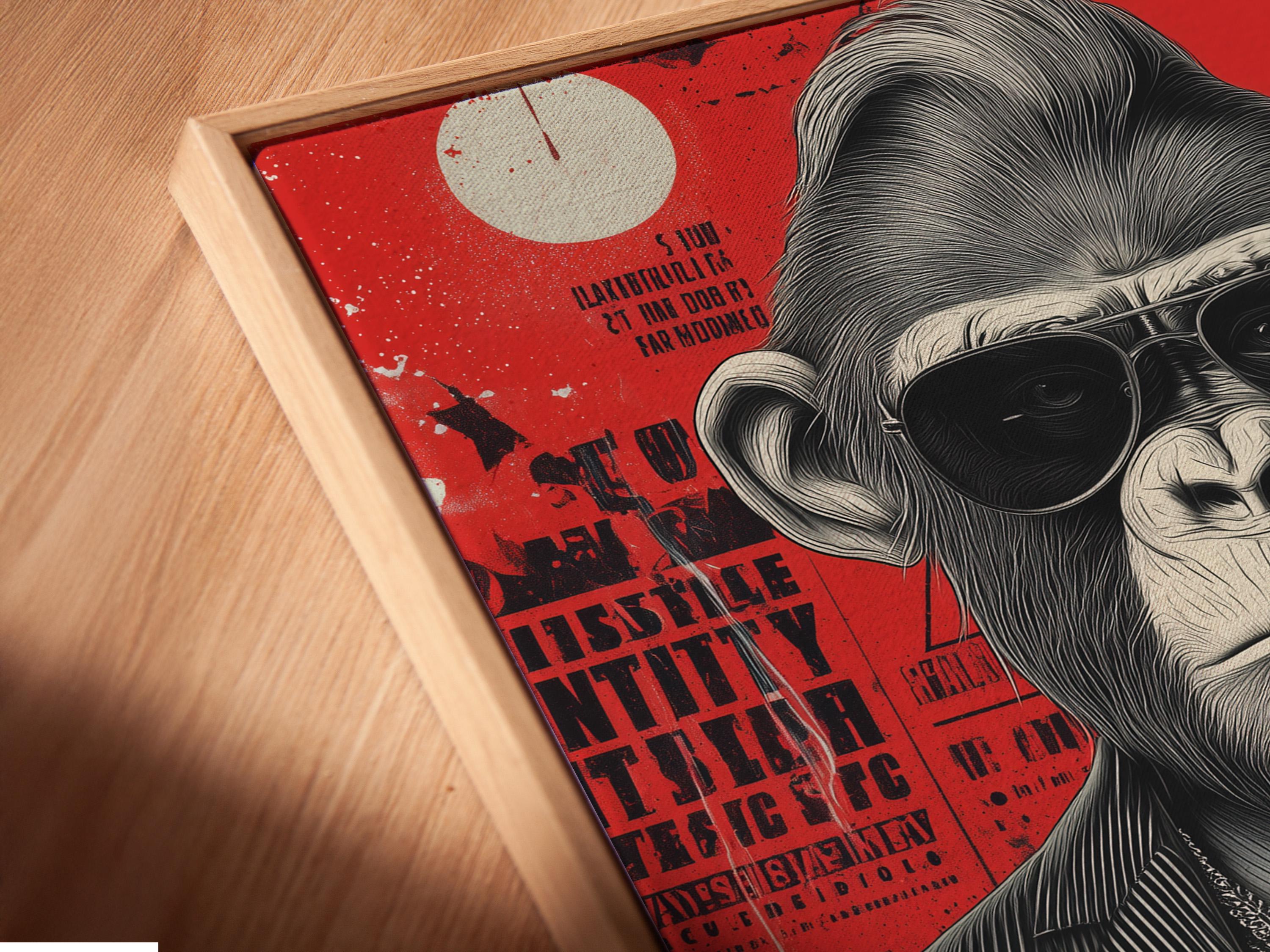 Framed gorilla lawyer artwork on a wall with several side panel mockups