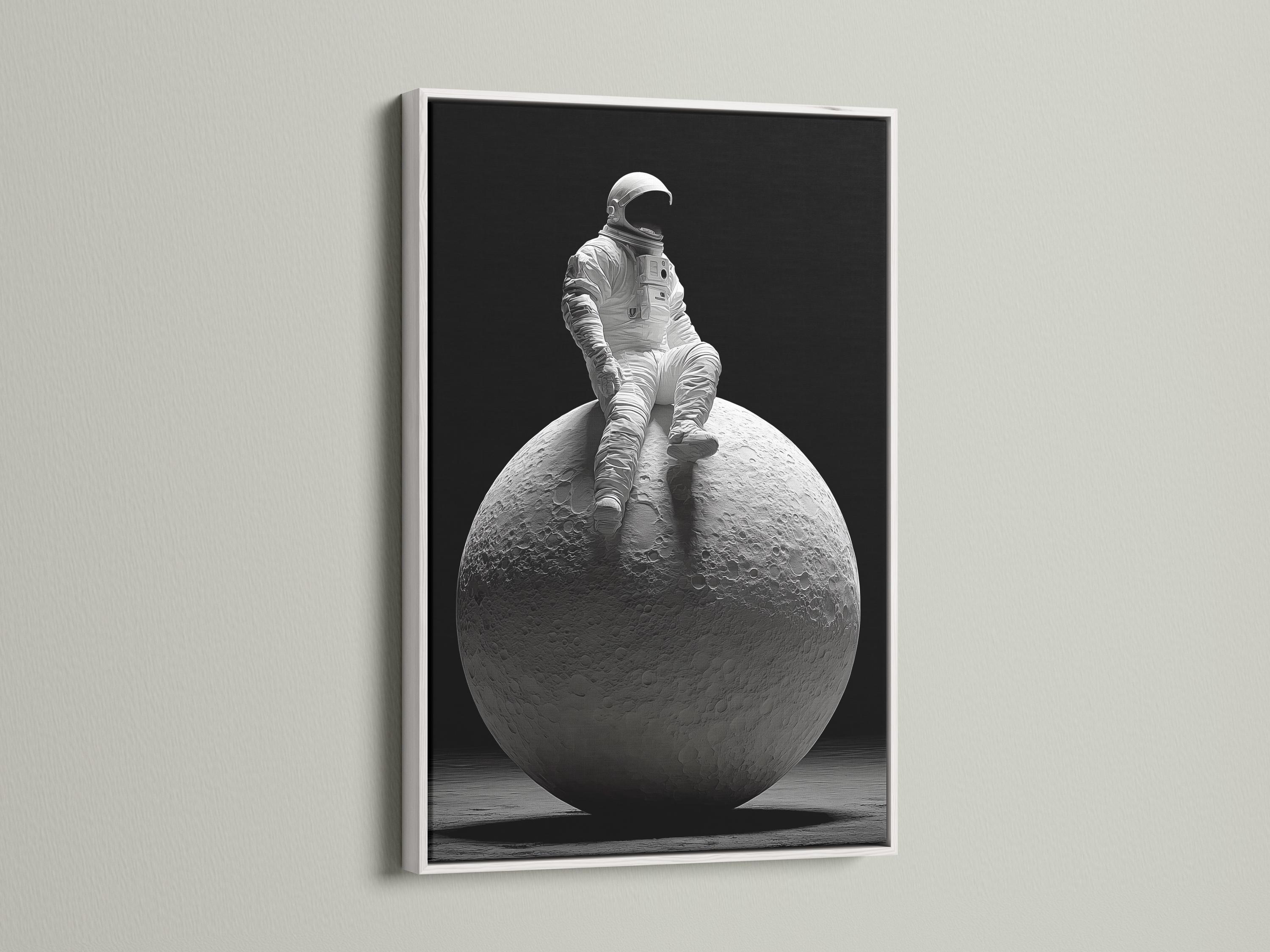 Monochrome astronaut in a space suit seated on a cratered moon against a dark background detail view