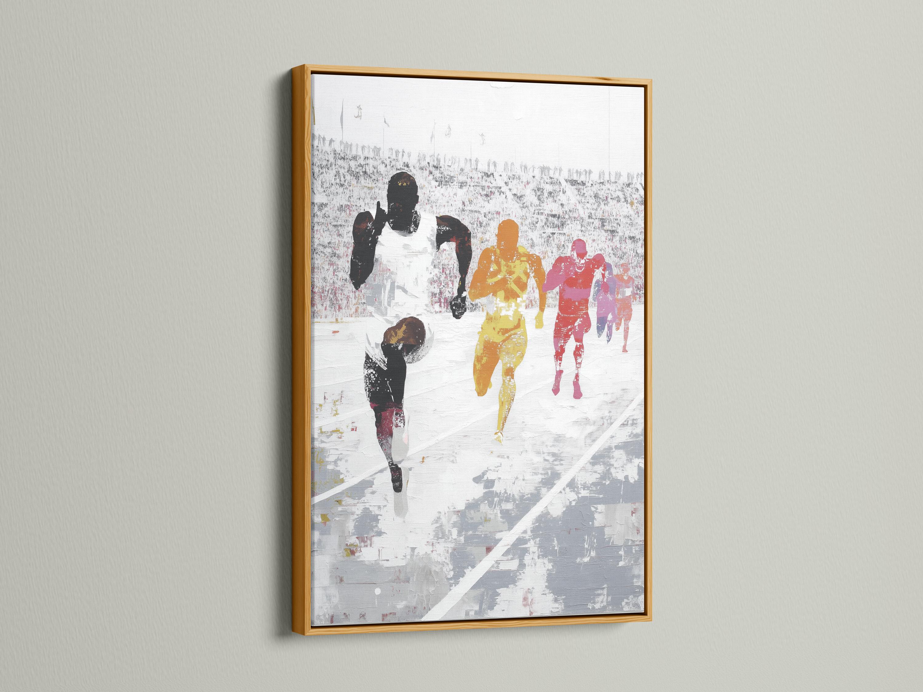 Painted runners race scene with dark silhouettes and orange, yellow and red highlights detail view