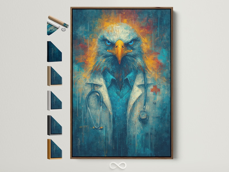 Stylised eagle portrait with vivid blue eyes and gold beak on a textured teal background