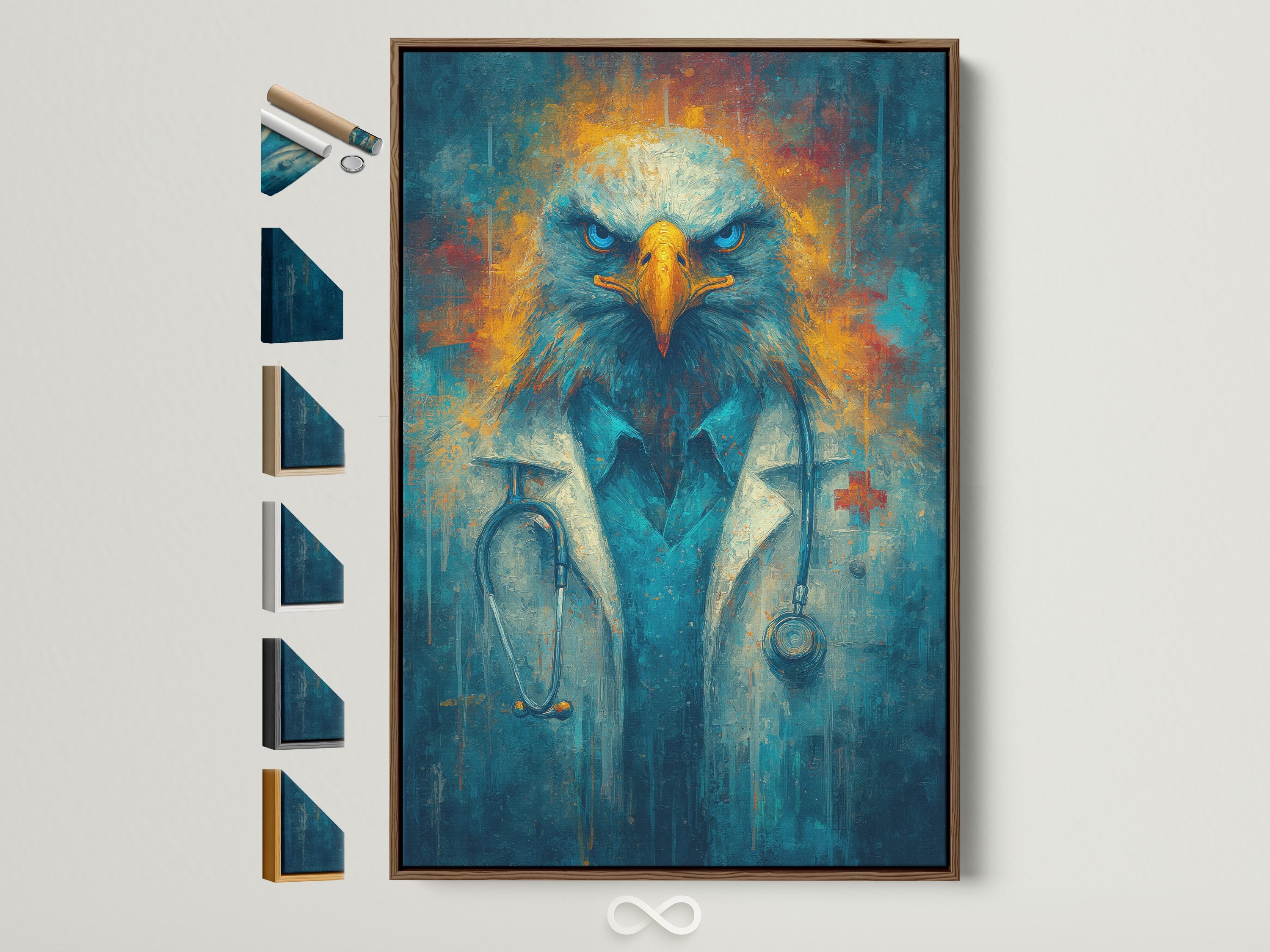 Stylised eagle portrait with vivid blue eyes and gold beak on a textured teal background