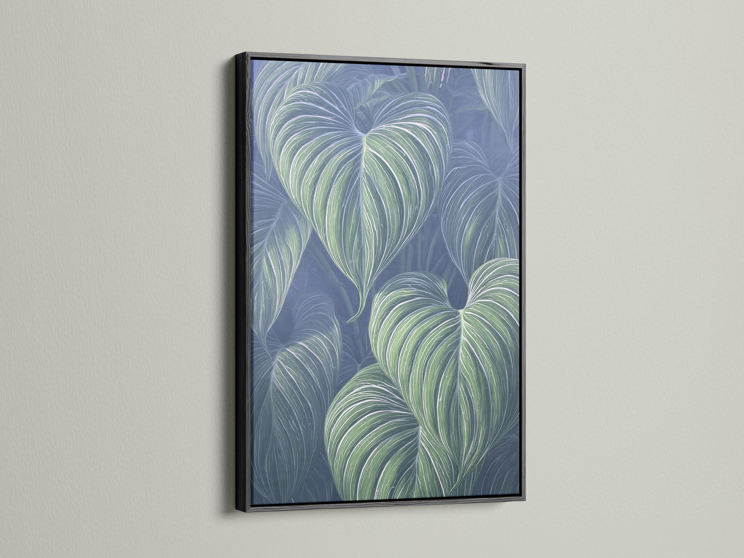 Mockup showing a framed botanical leaf artwork with mint green leaves on a navy-blue background