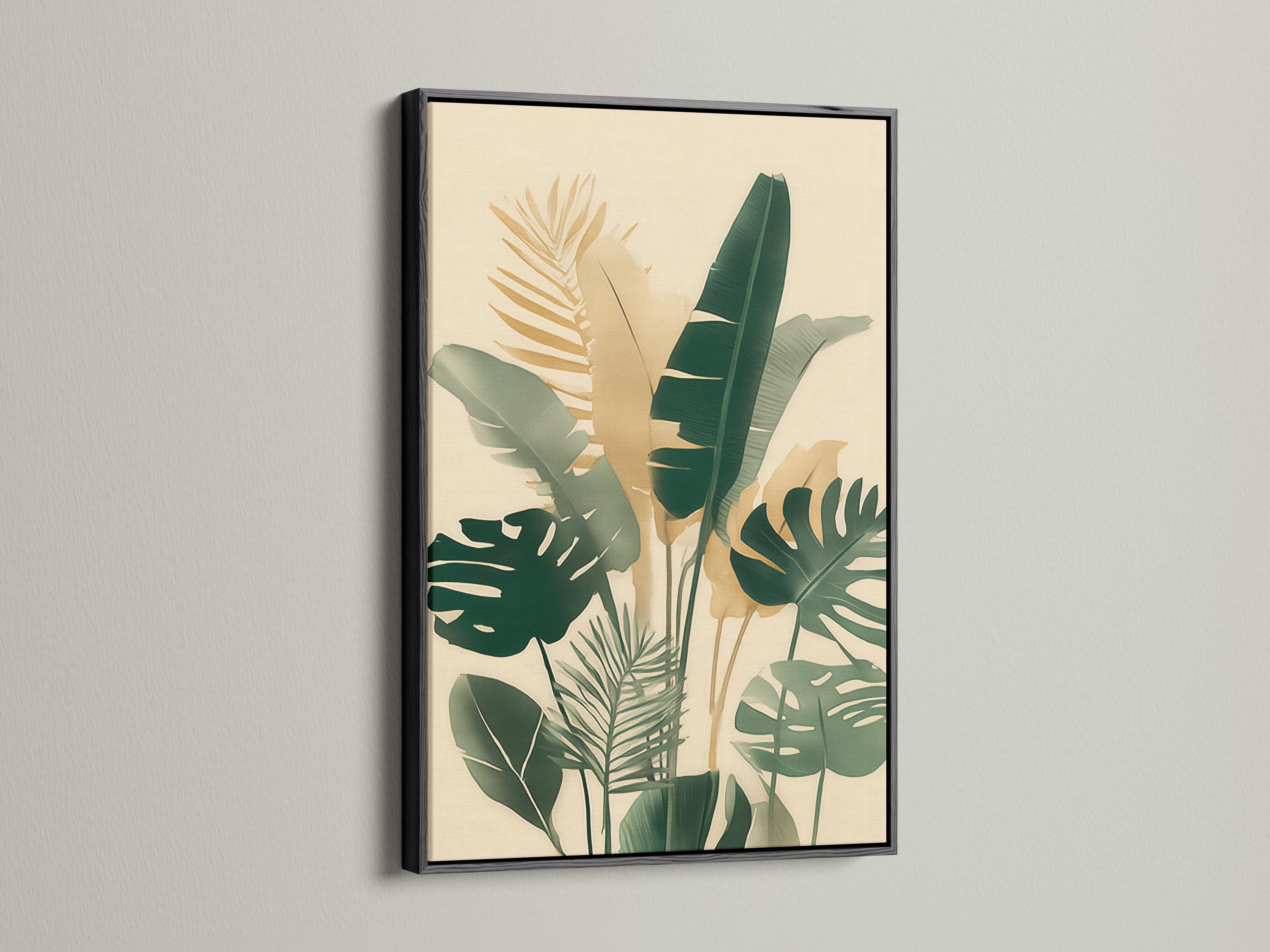 Room mockup showing framed botanical artwork with tropical leaves in cream and green