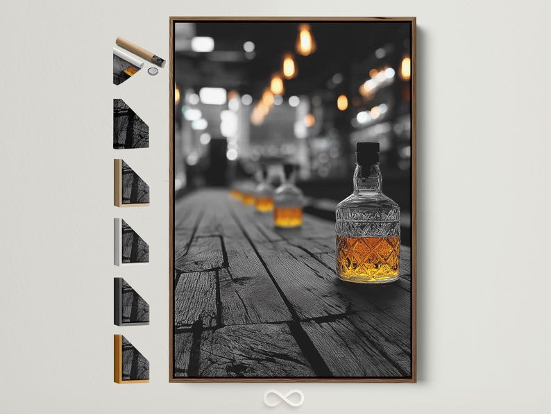Black and white pub scene with an amber liquor bottle in the foreground and warm bokeh lights behind