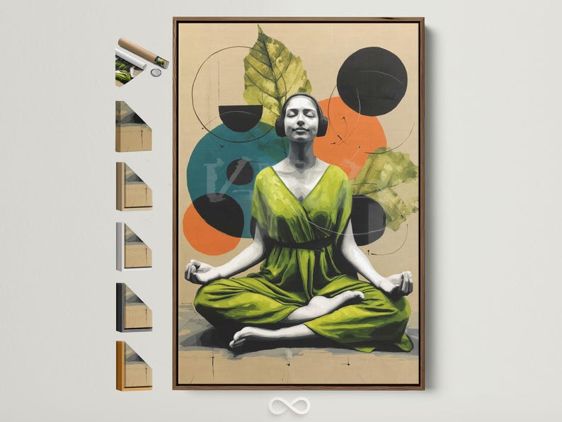Seated woman in a yoga pose with botanical leaves and overlapping circles in lime green and orange