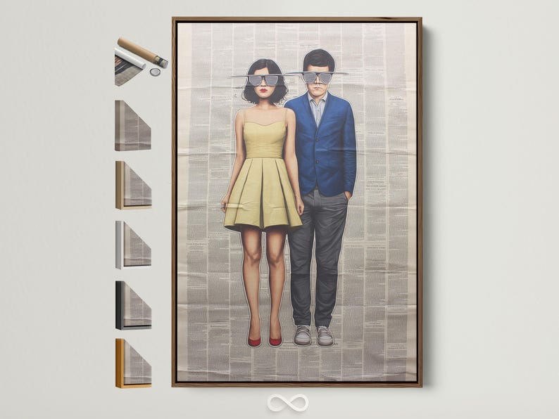 Retro couple illustration wearing sunglasses against a newspaper-text background