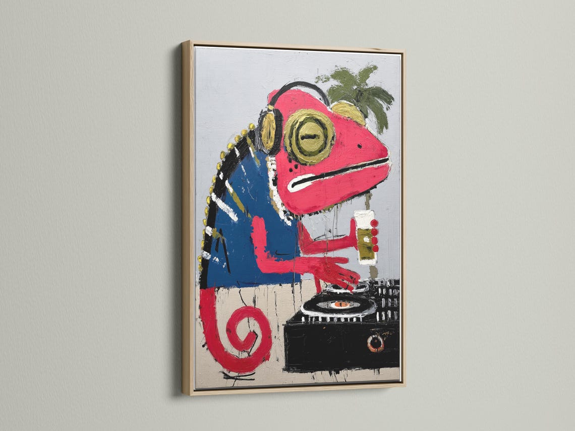 Stylised red iguana DJ illustration with oversized headphones, tropical leaves and a console detail view