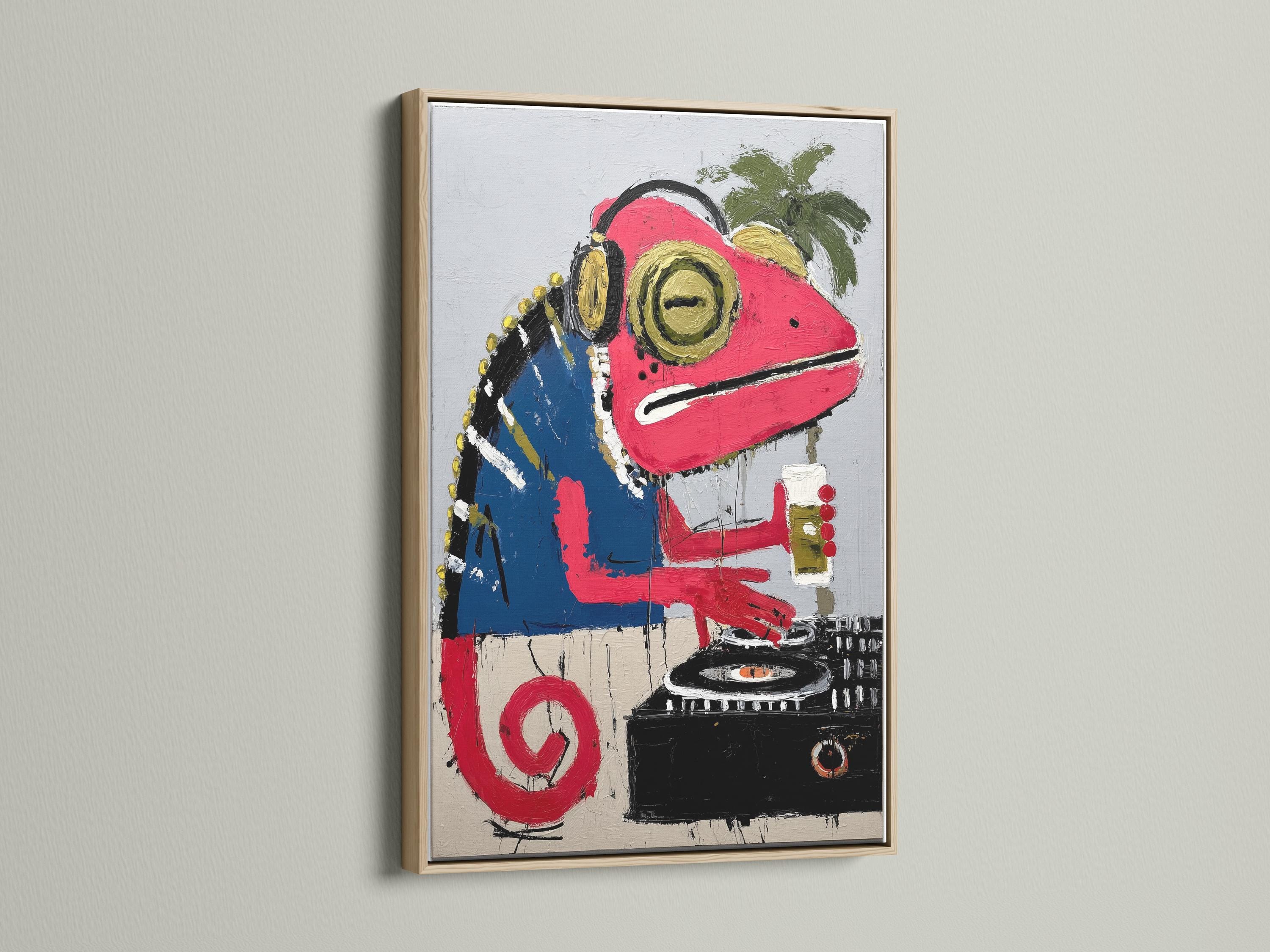 Stylised red iguana DJ illustration with oversized headphones, tropical leaves and a console detail view