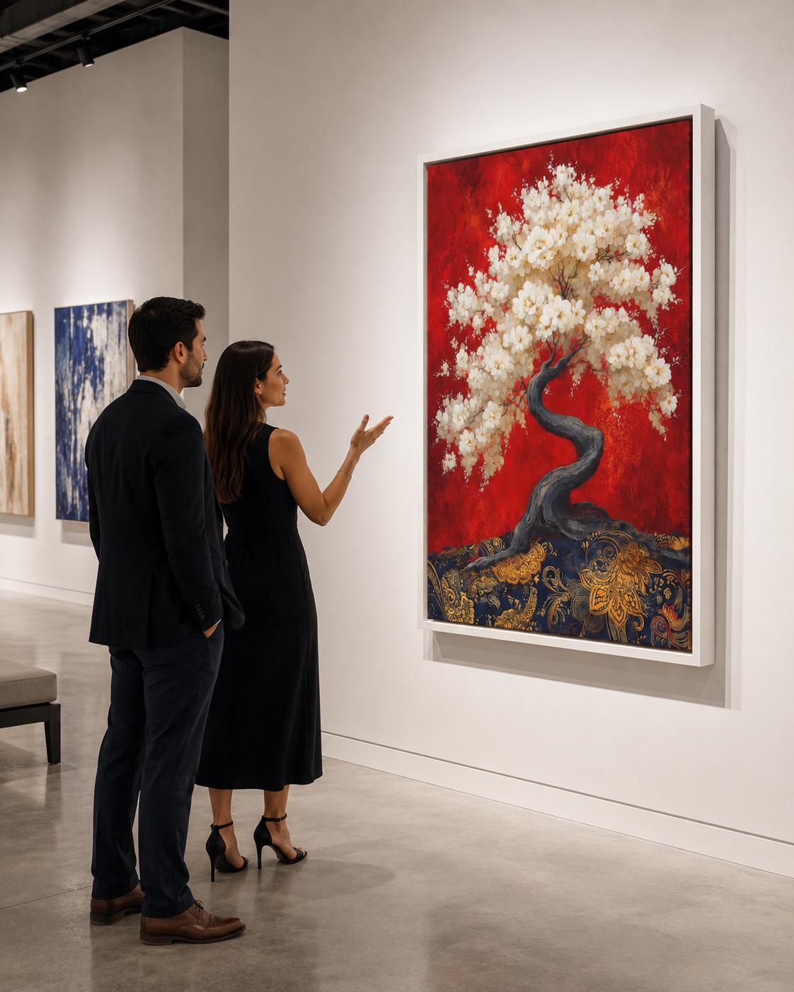 Spa reception scene with a woman seated at a reception desk and a cherry blossom tree artwork on the wall