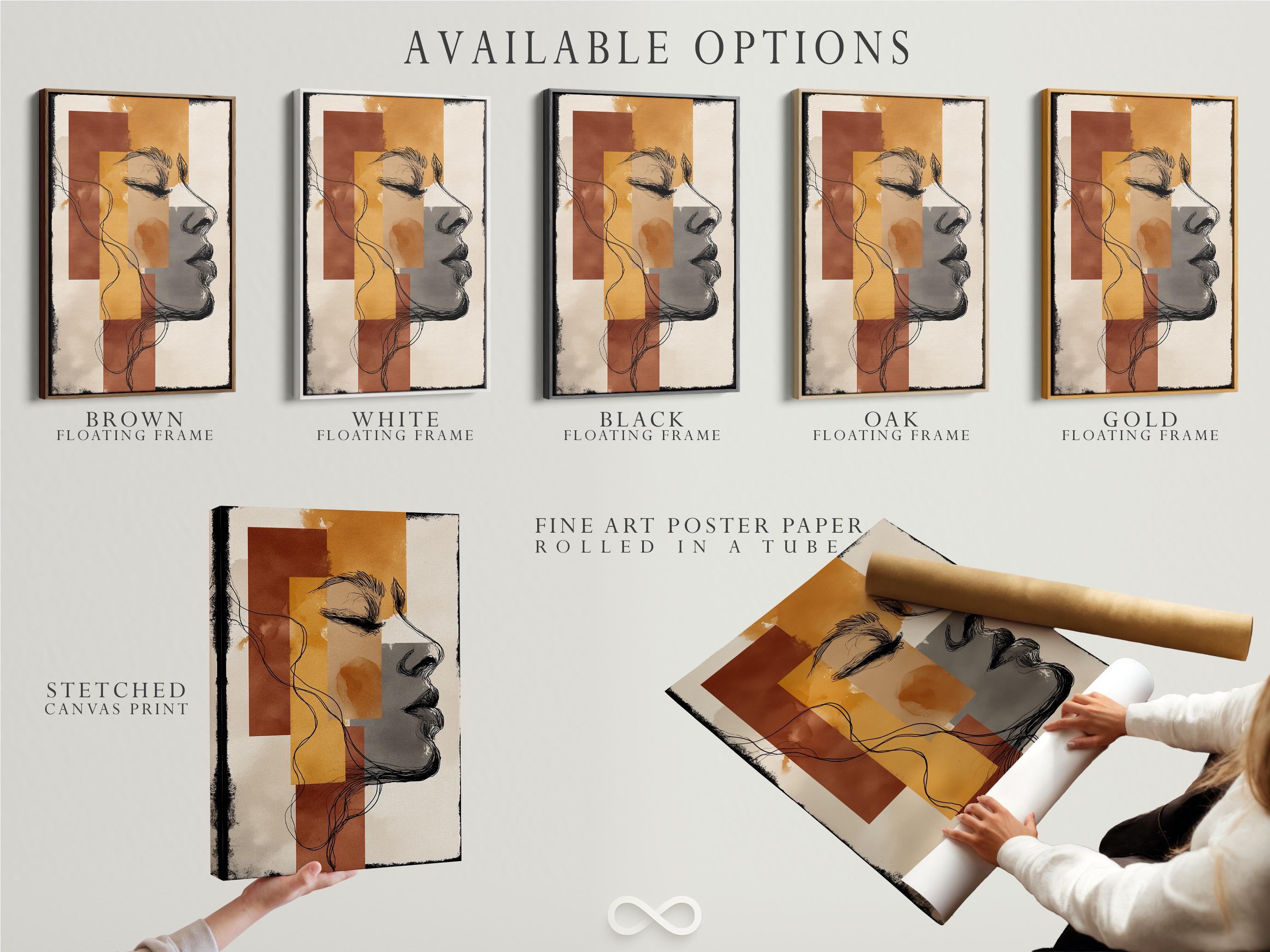 Terracotta and beige abstract woman profile artwork displayed in a frame arrangement