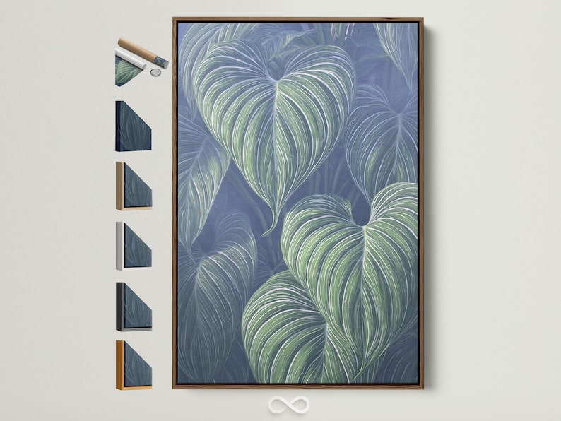 Botanical leaf artwork with overlapping tropical leaves in mint green and off-white veins on a navy-blue background