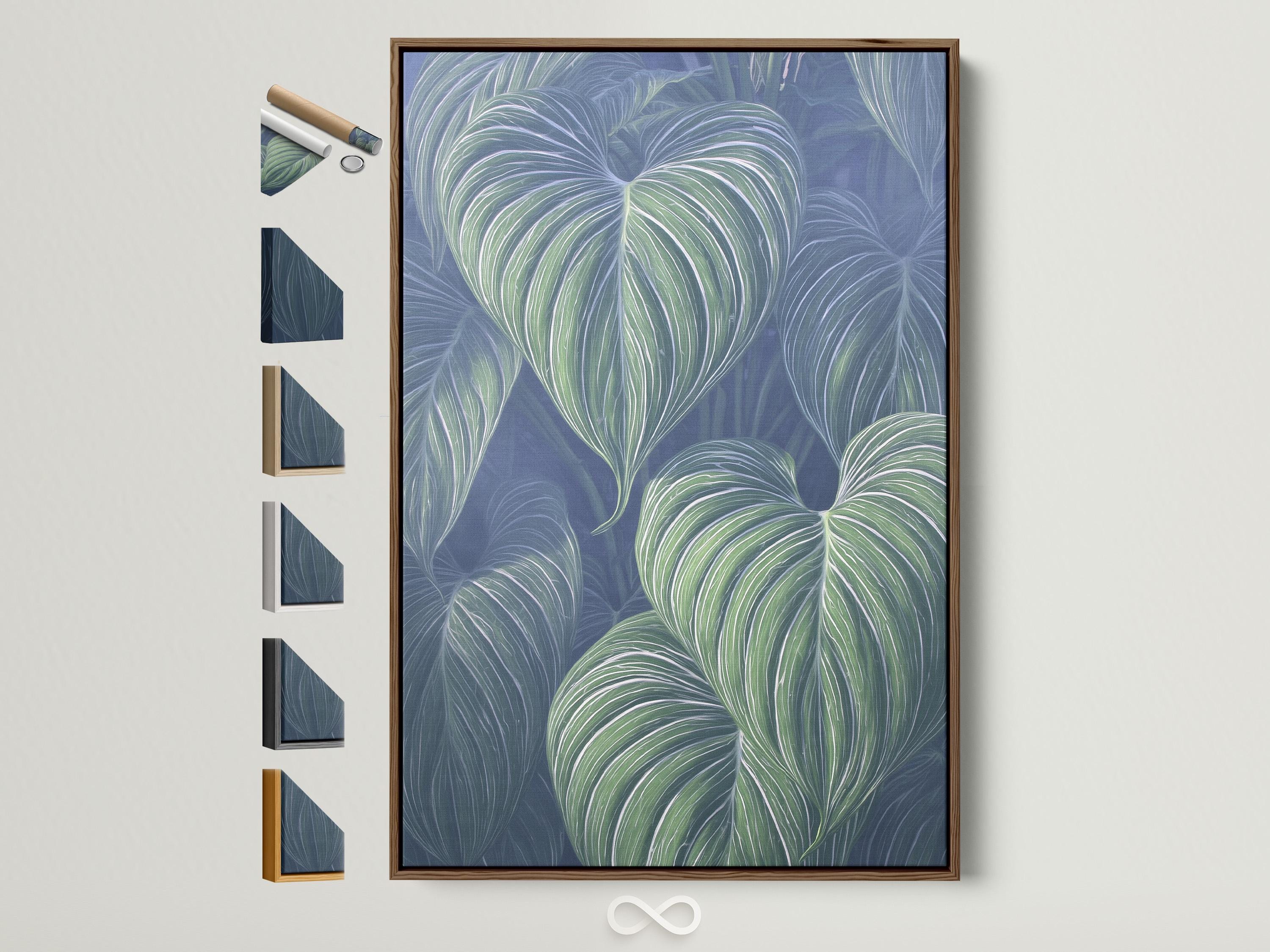 Botanical leaf artwork with overlapping tropical leaves in mint green and off-white veins on a navy-blue background