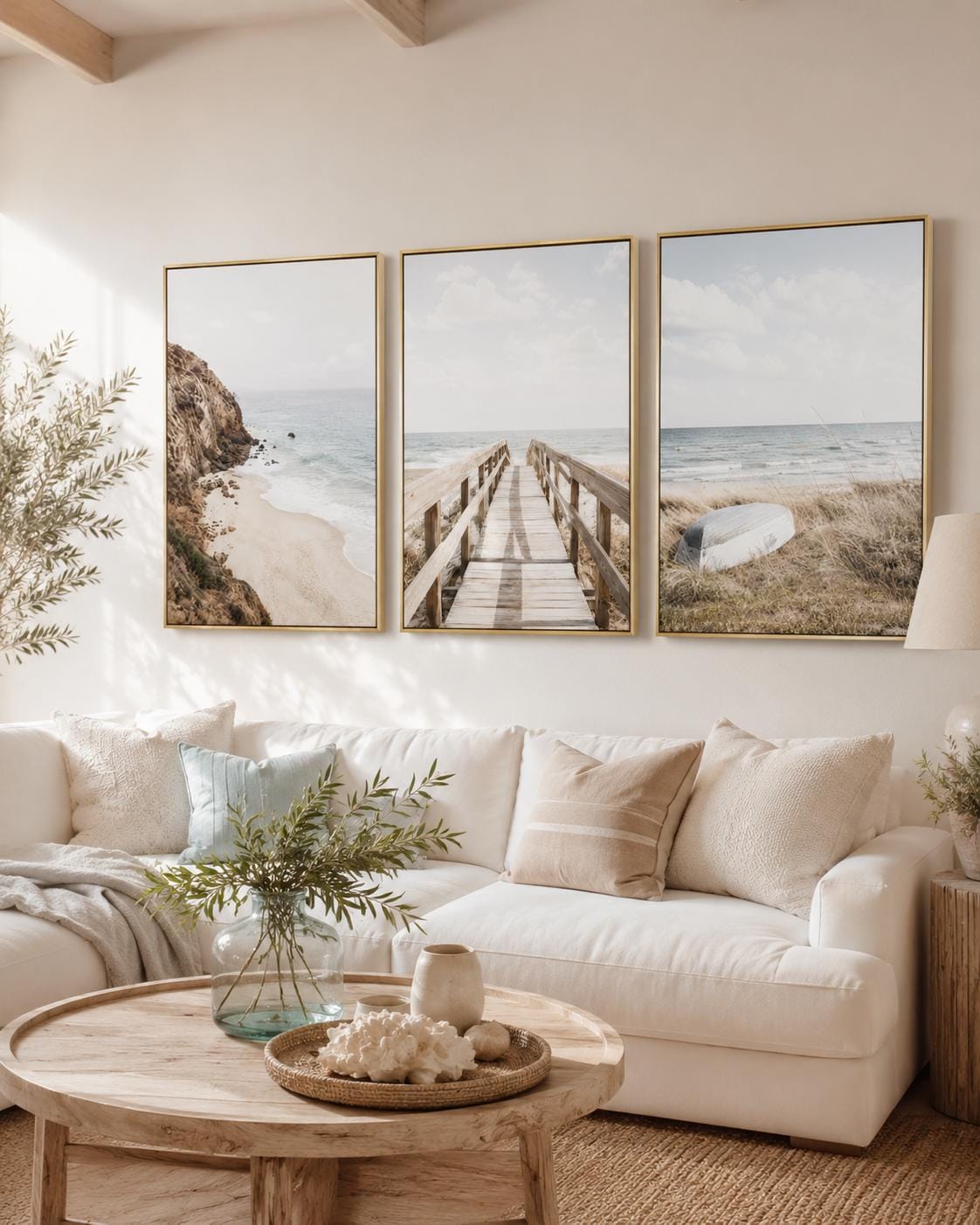 Three-panel neutral beach artwork showing rocky shore, boardwalk, and dunes with grasses detail view