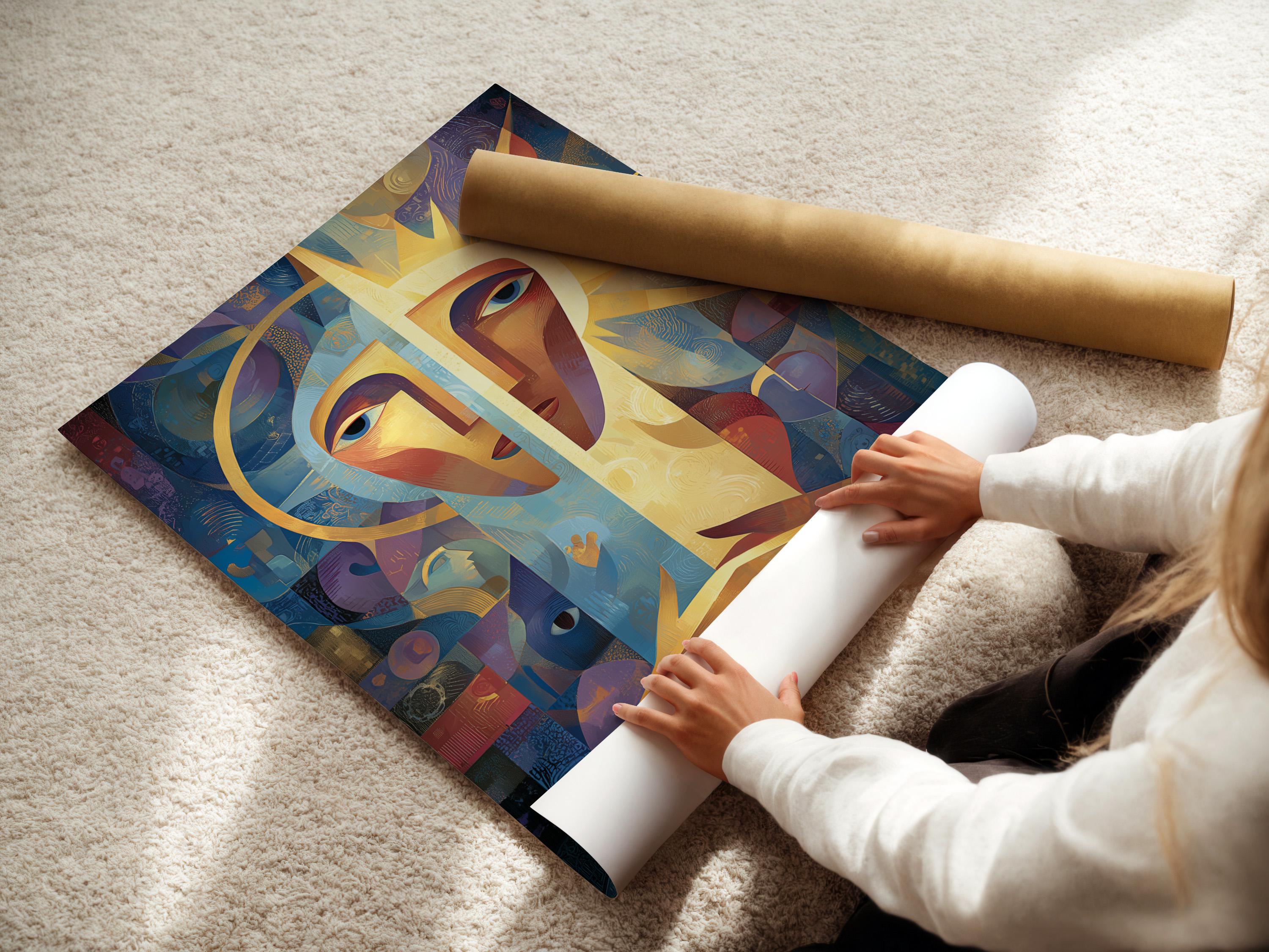 An abstract, geometric portrait of a woman-like face dominates the centre, with blue, gold and coral shapes layered across a textured background