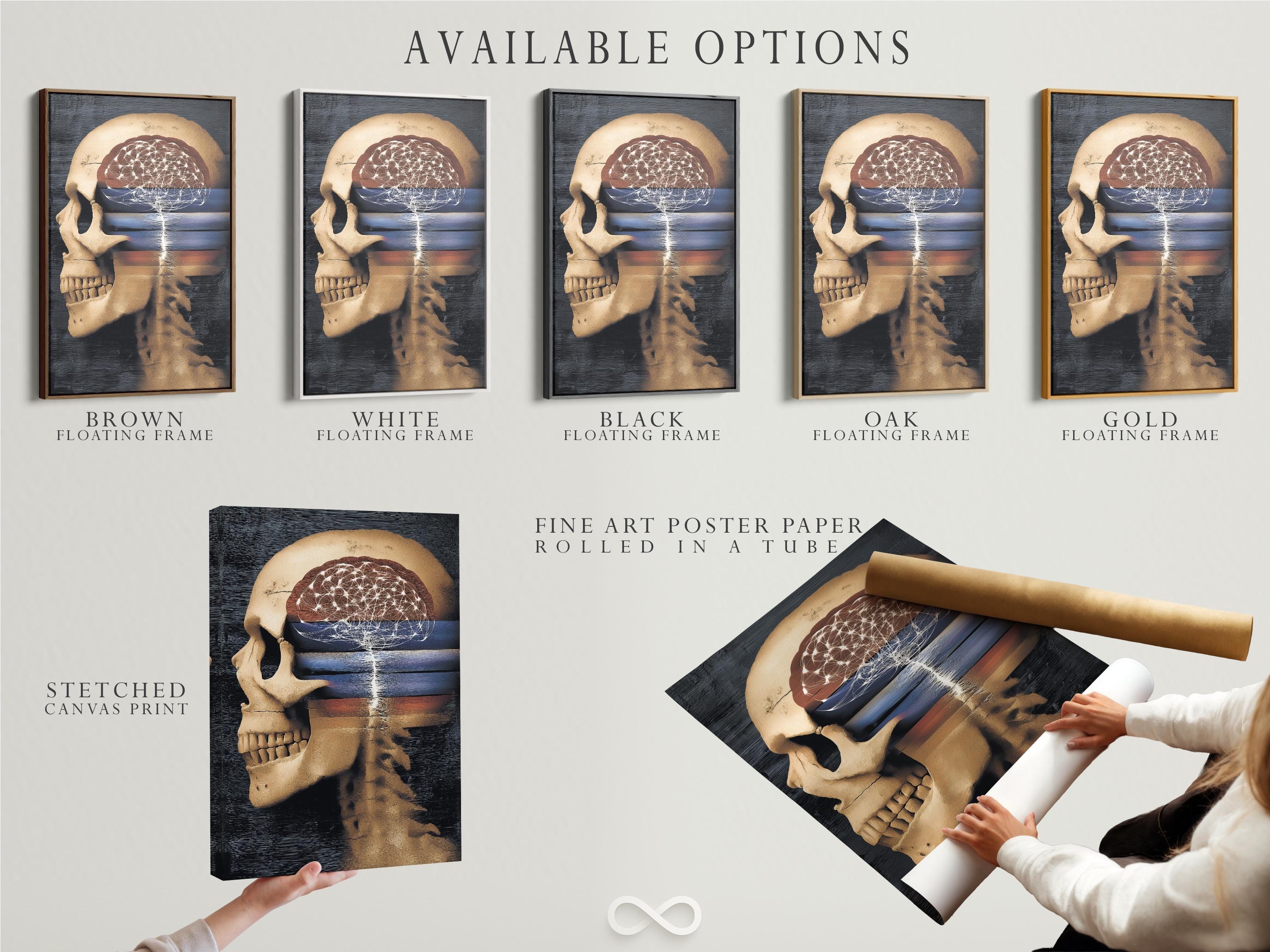 Wall mockup showing anatomical skull artwork with glowing neural lines