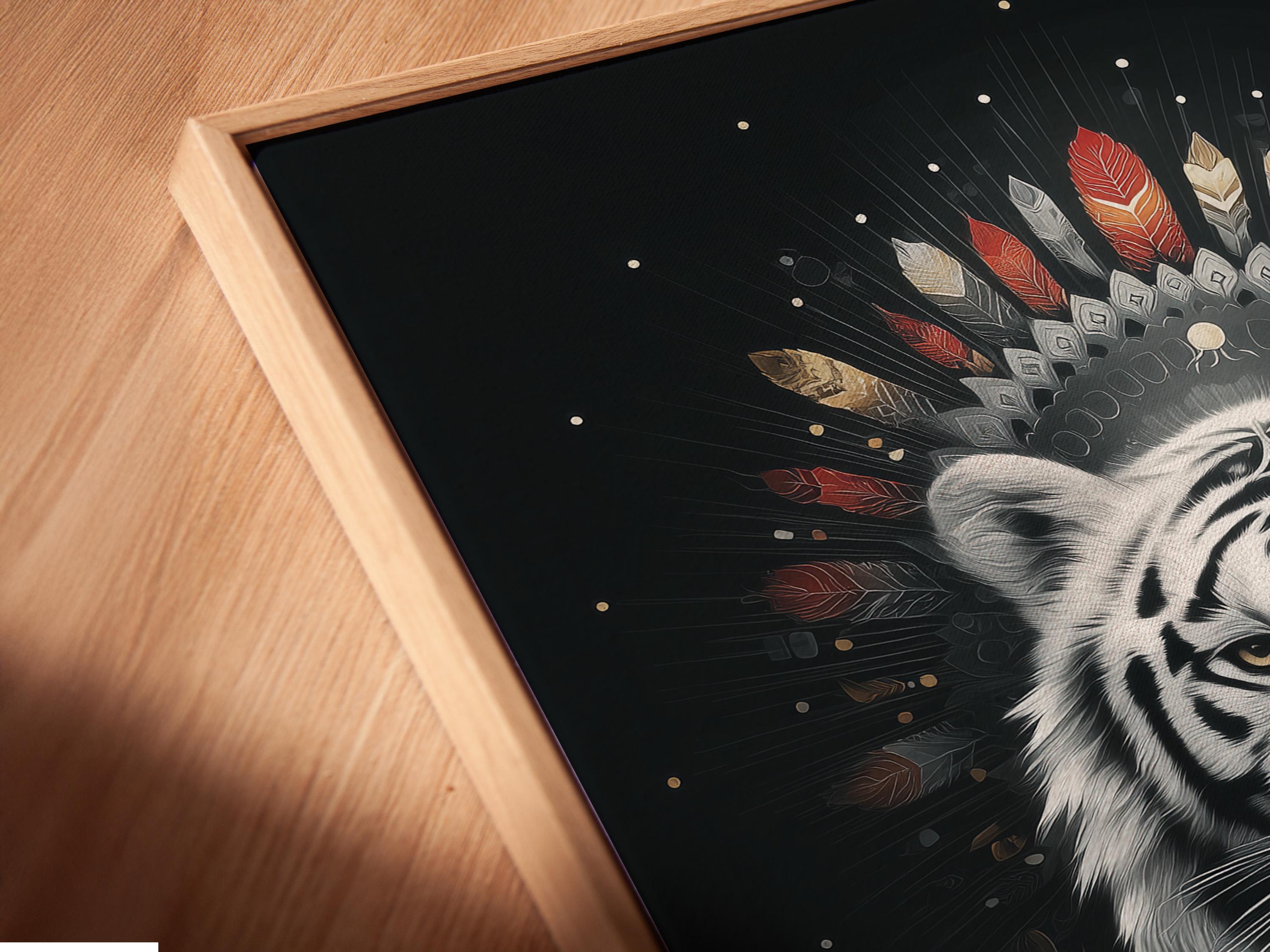 White tiger portrait with feather headdress and gold flecks on a dark background detail view