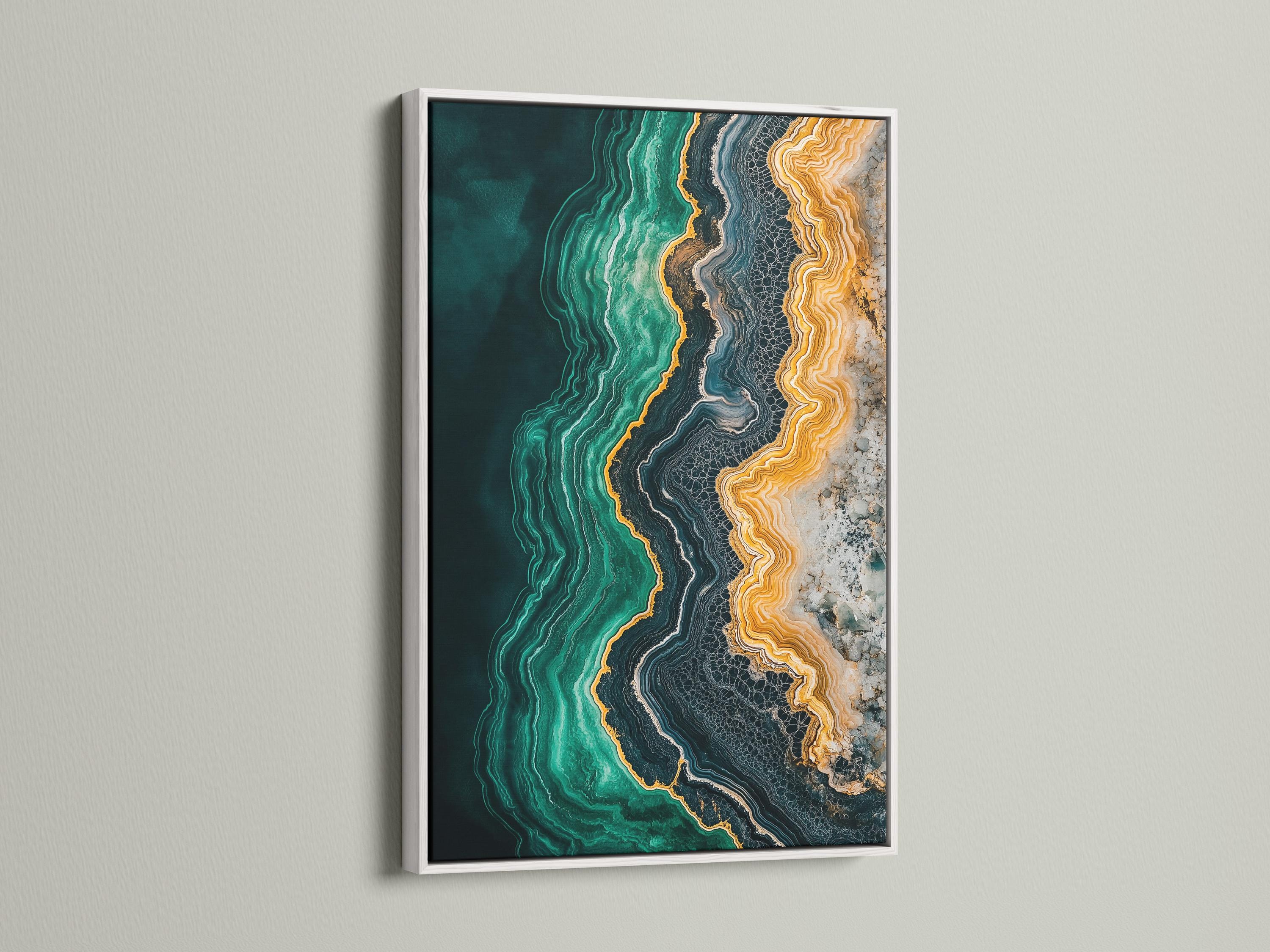 Office room mockup featuring a teal and gold abstract agate-style artwork on a wall