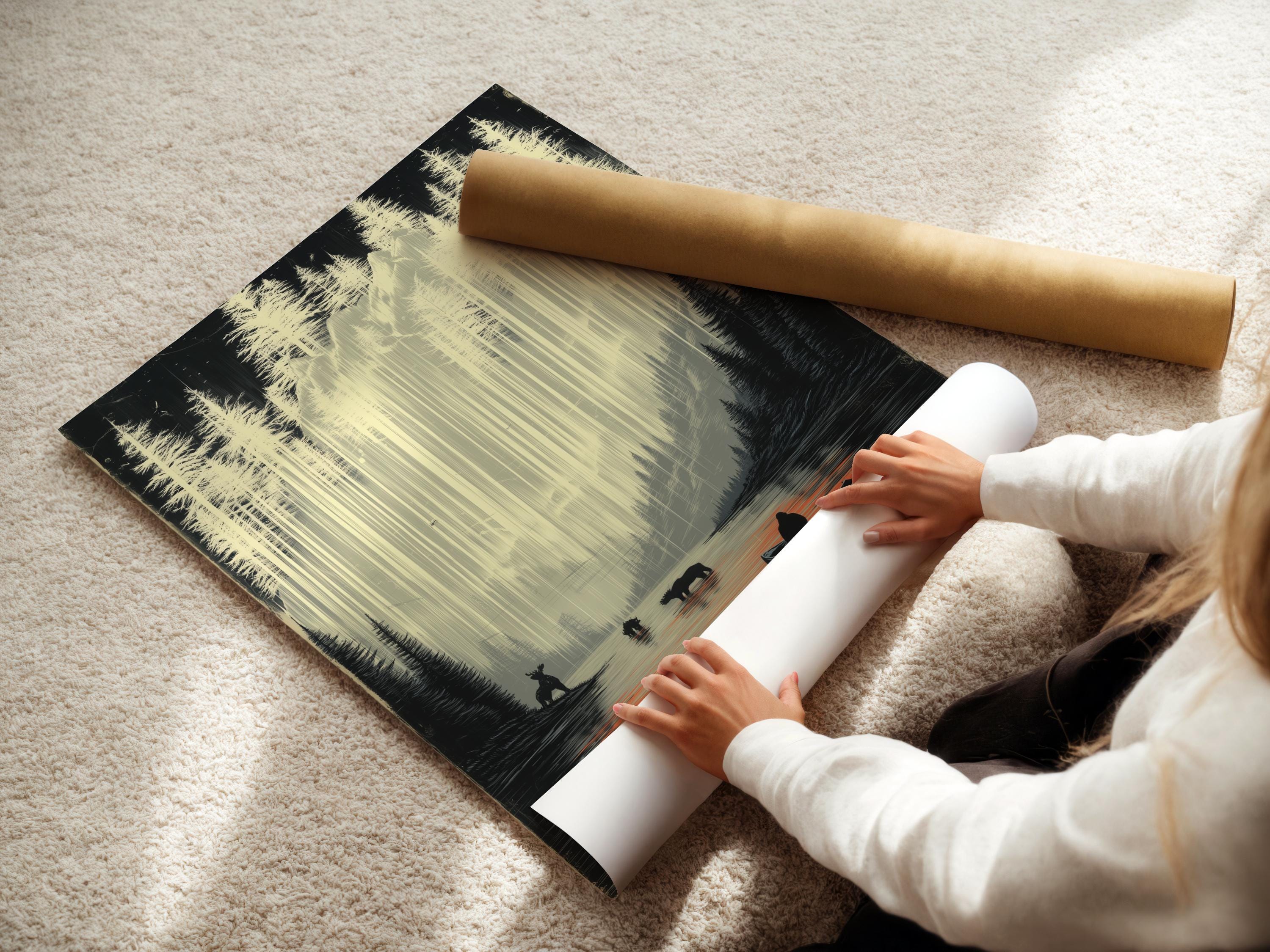 Room mockup showing a framed misty lake wildlife landscape artwork