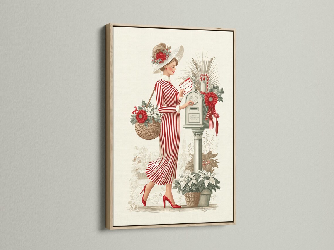 Vintage lady illustration in a red striped dress with a floral hat beside a vase of red flowers detail view