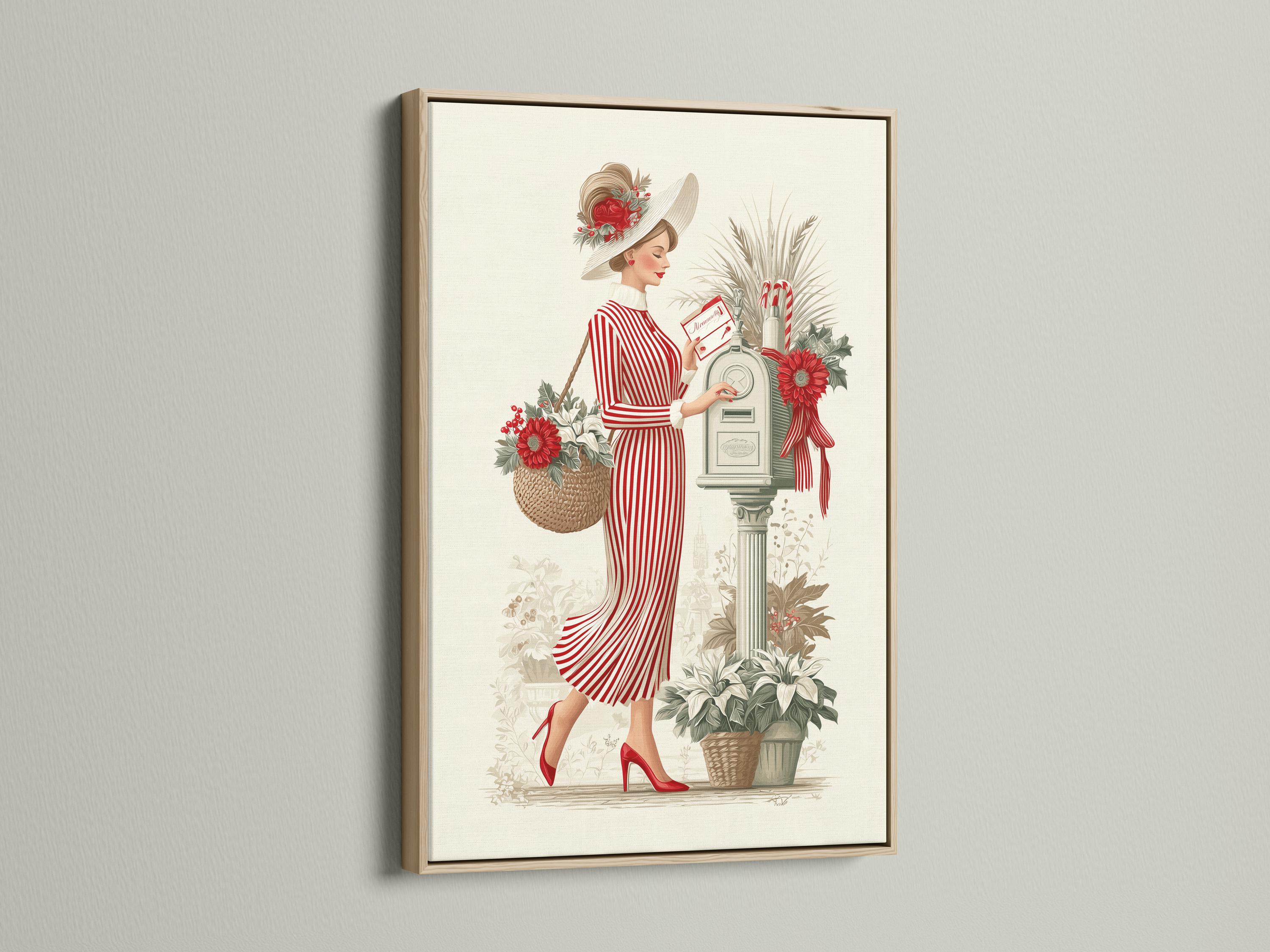 Vintage lady illustration in a red striped dress with a floral hat beside a vase of red flowers detail view
