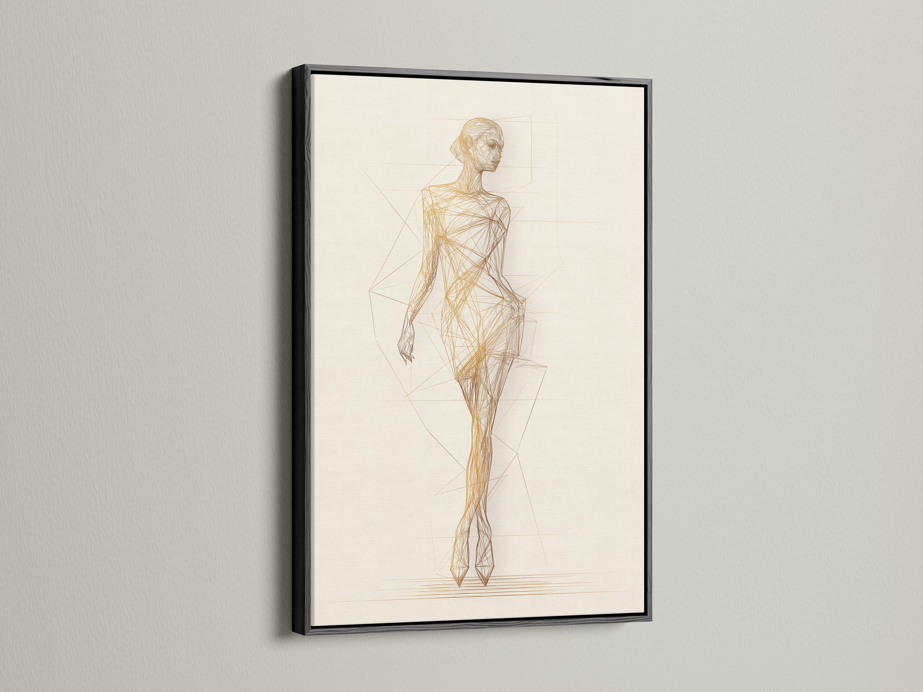 Minimalist gold line drawing of a standing woman with faint geometric grid lines detail view