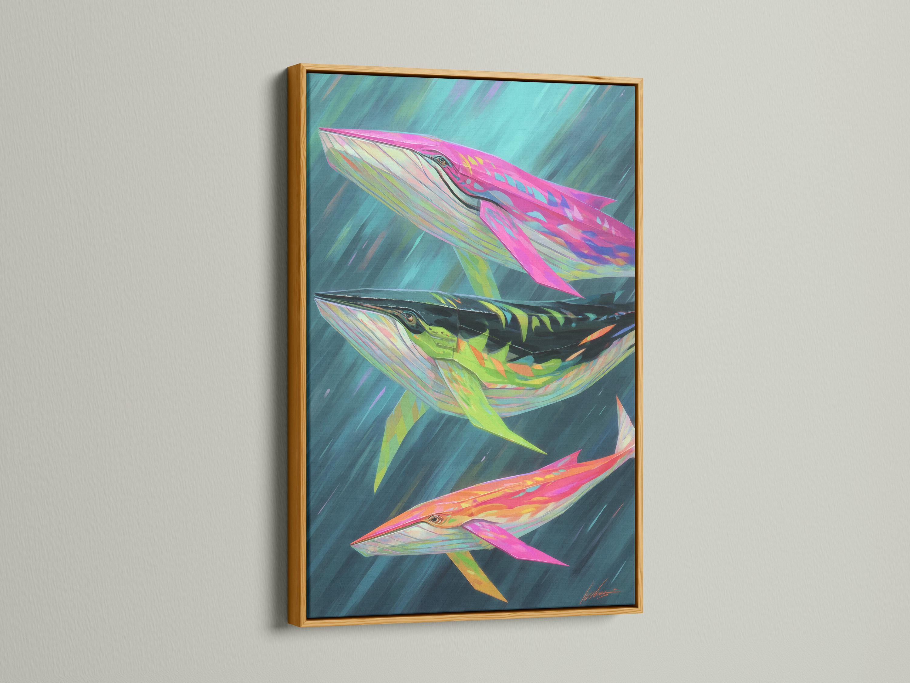 Artwork mockup showing a framed whale ocean illustration on a light background with colour variants