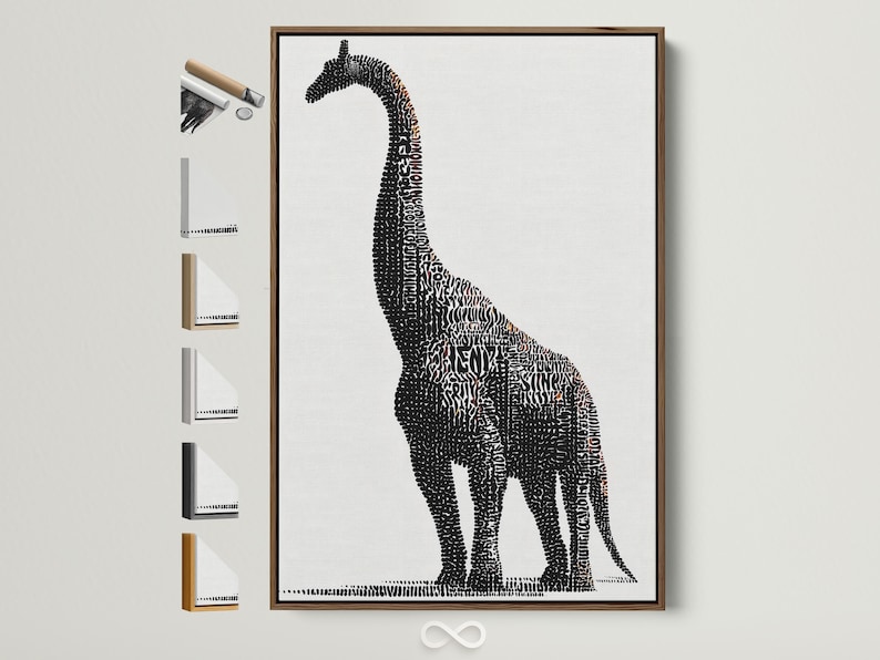 Brontosaurus silhouette made of dense black dots with small terracotta accents on a light background