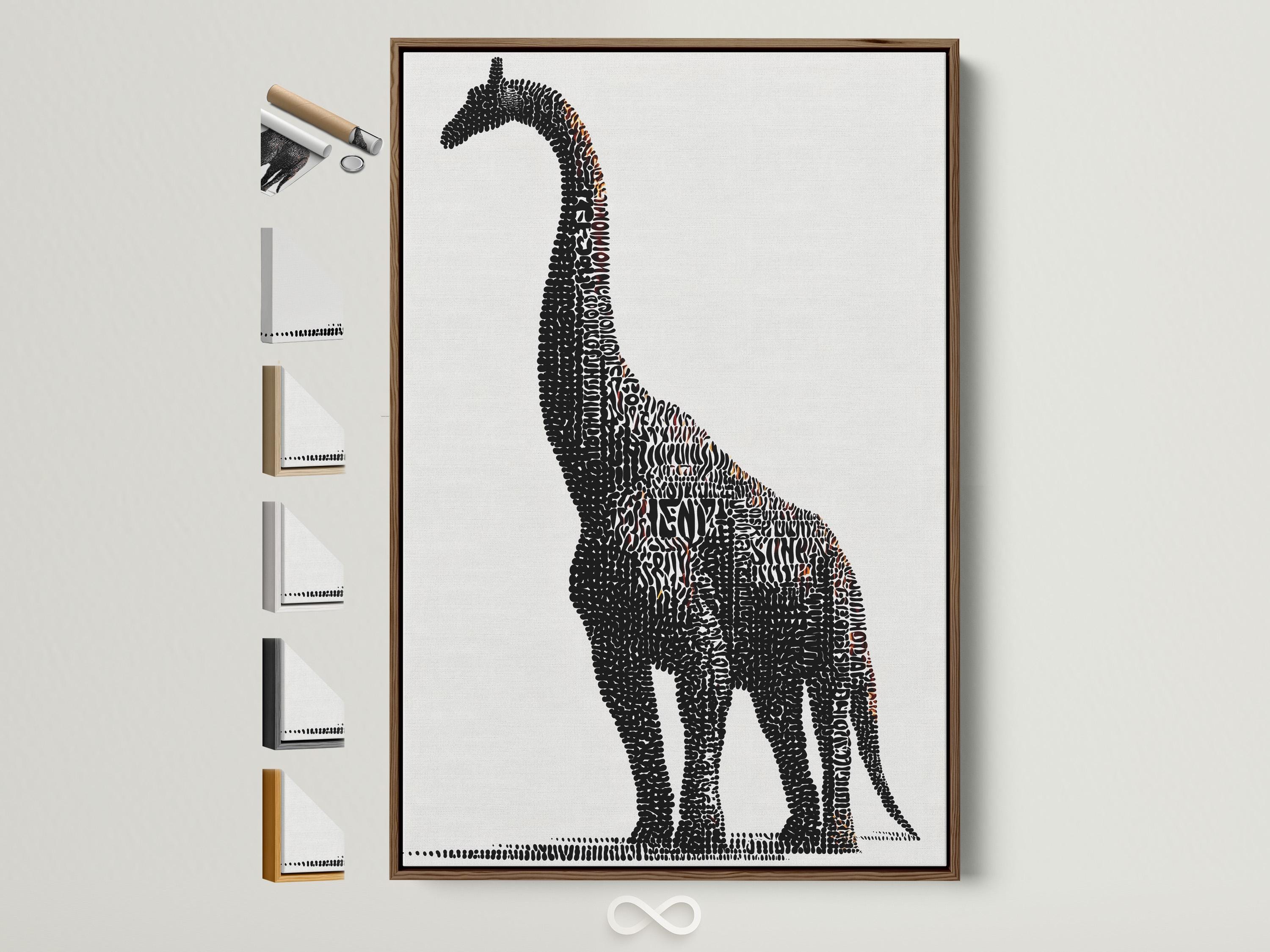 Brontosaurus silhouette made of dense black dots with small terracotta accents on a light background