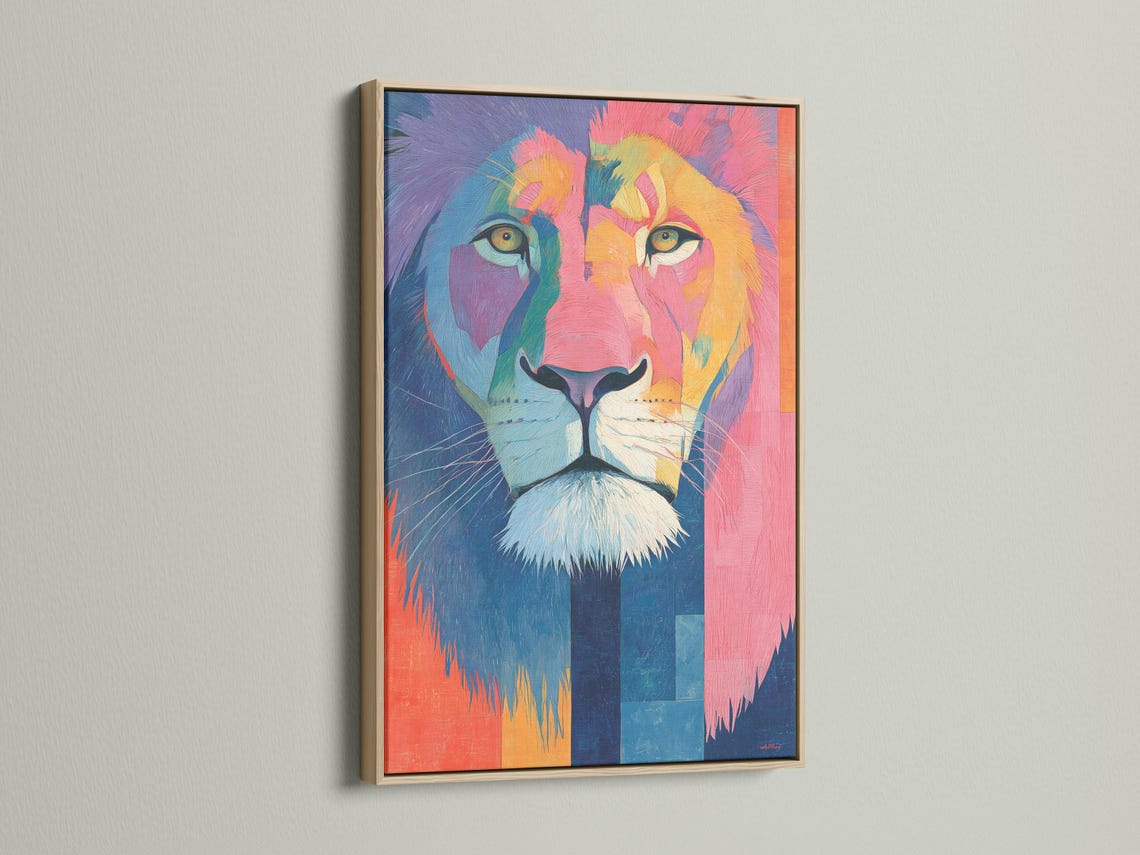 Lion wall art mockup with framed lion portrait in hot pink, blue and teal tones