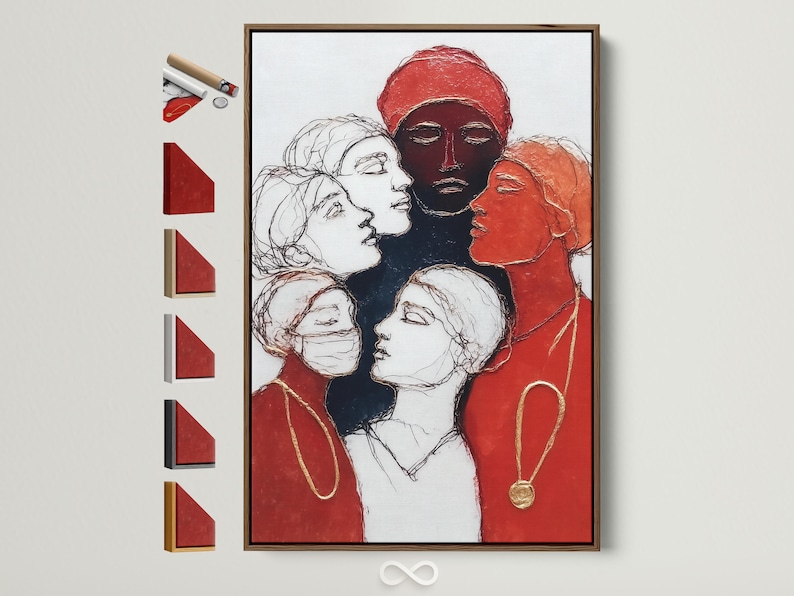 Red and gold women portrait illustration with overlapping faces and headscarves